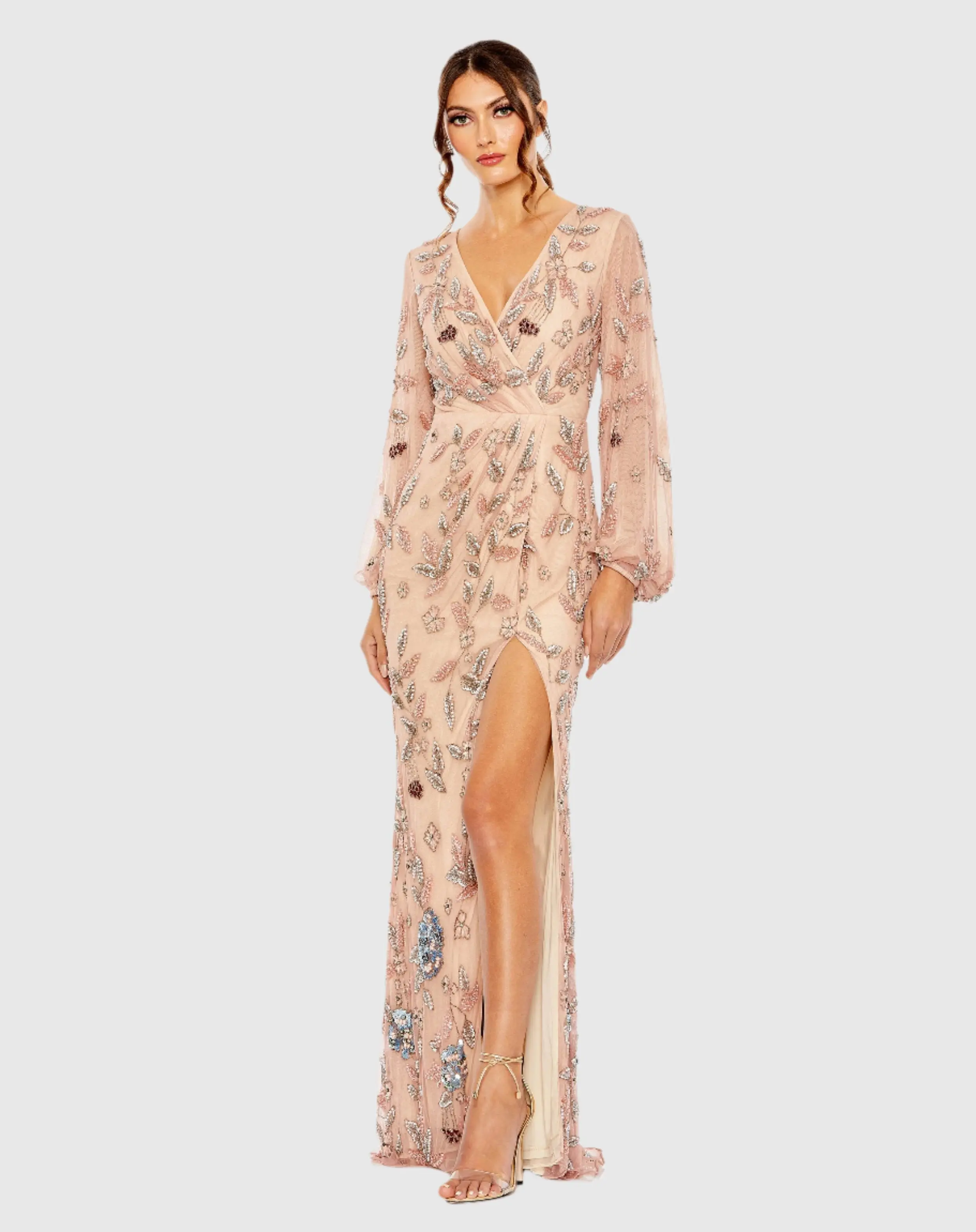 Pink Long Sleeve Floral Beaded Surplice Wrap Gown - FINAL SALE