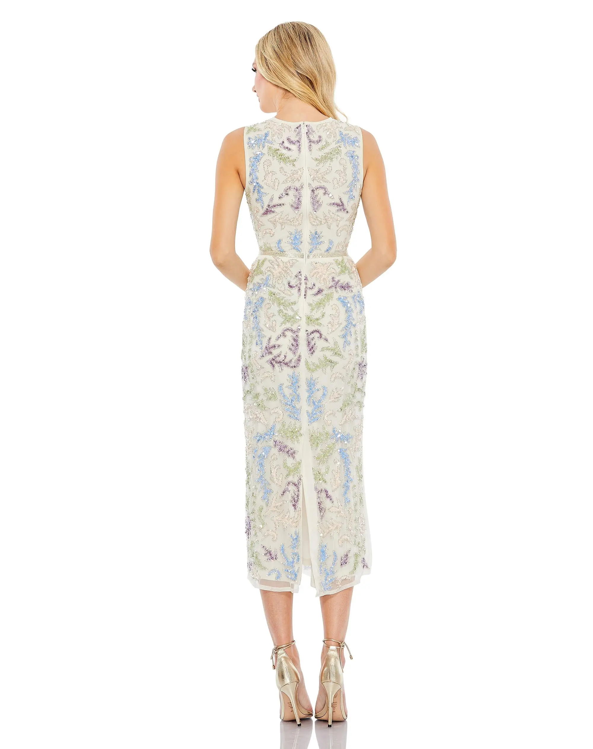 Multicolor Sleeveless Sequined High Neck Midi Sheath Dress - Image 3