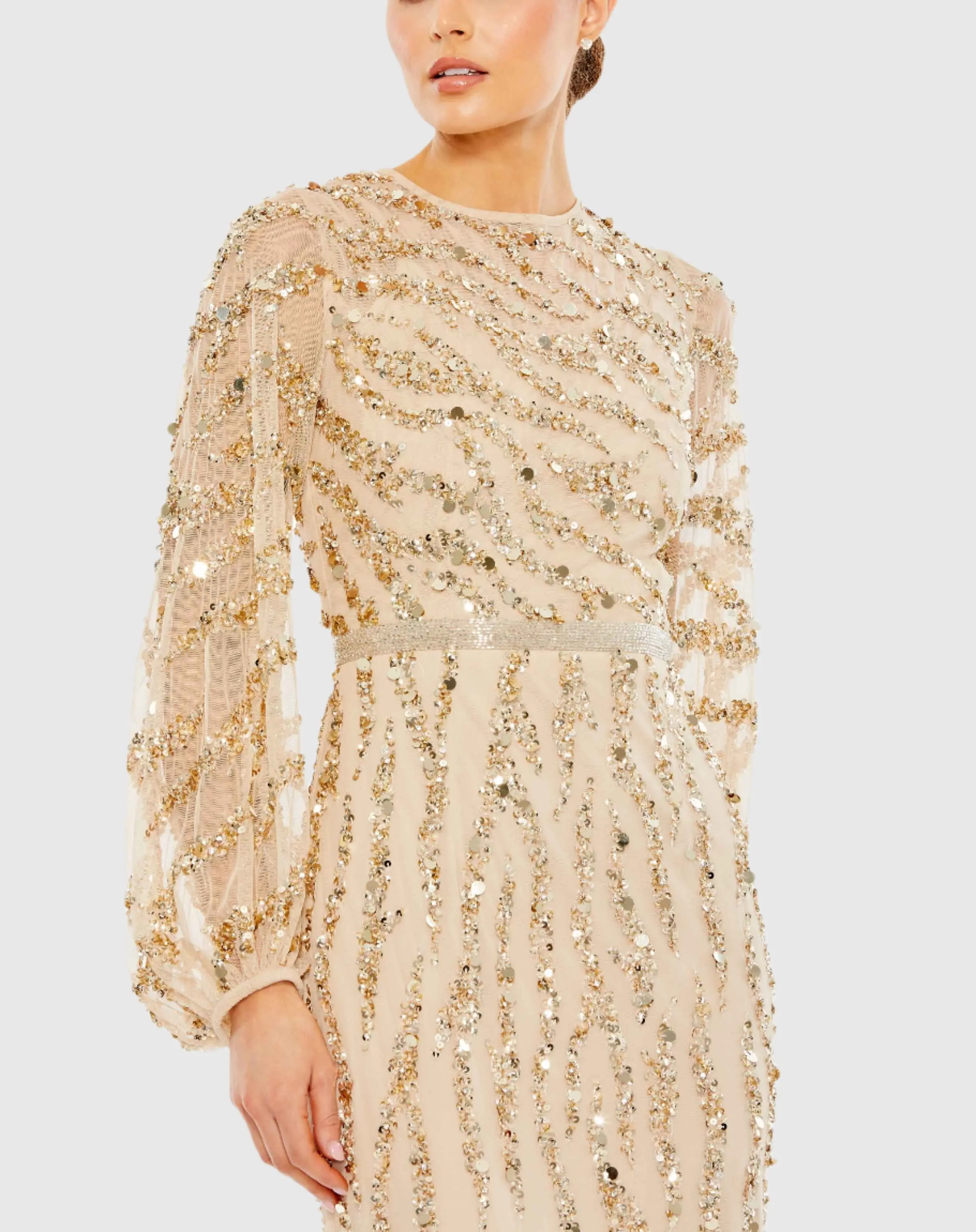 Gold Embellished High Neck Puff Sleeve Trumpet Gown - Image 2