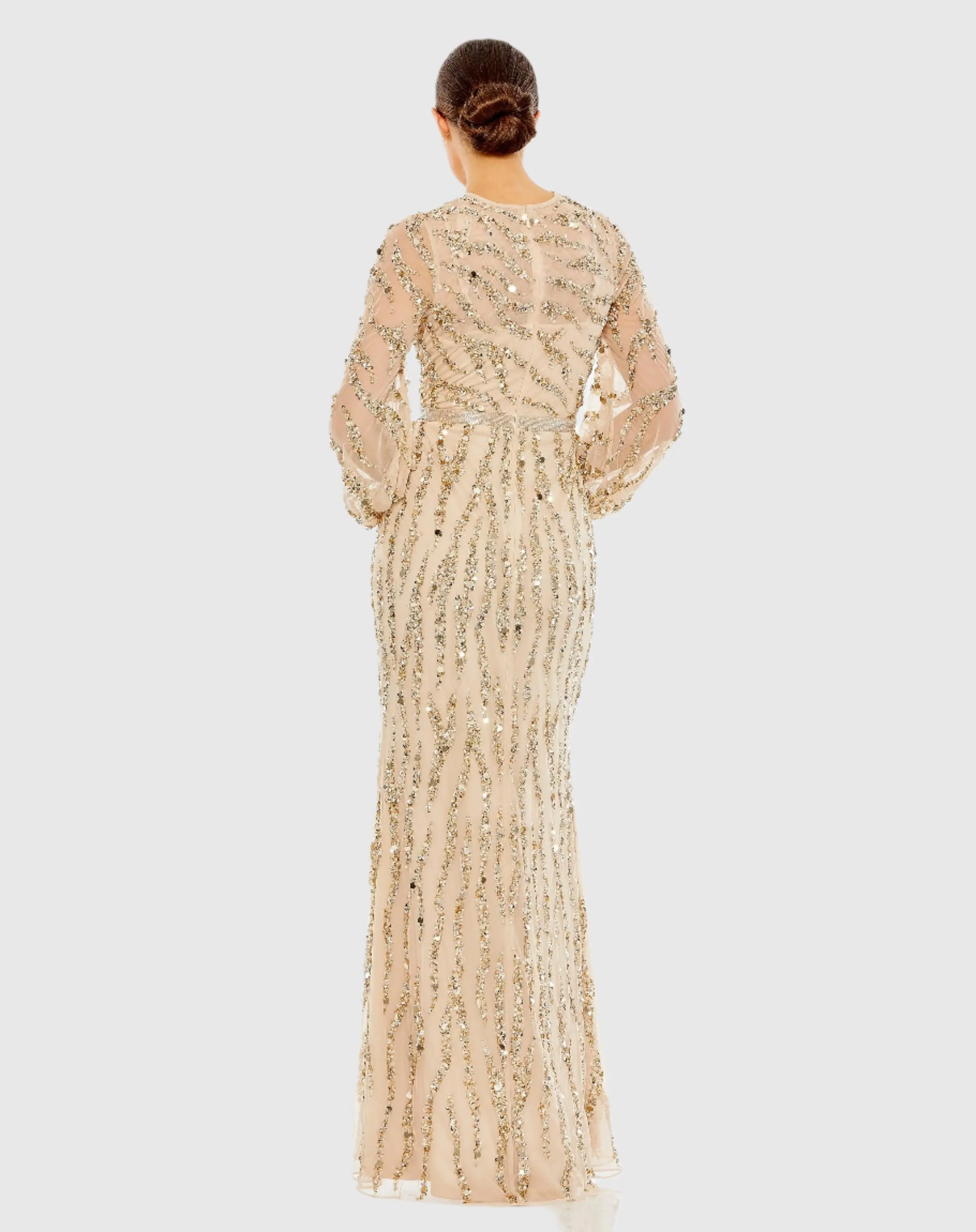 Gold Embellished High Neck Puff Sleeve Trumpet Gown - Image 3