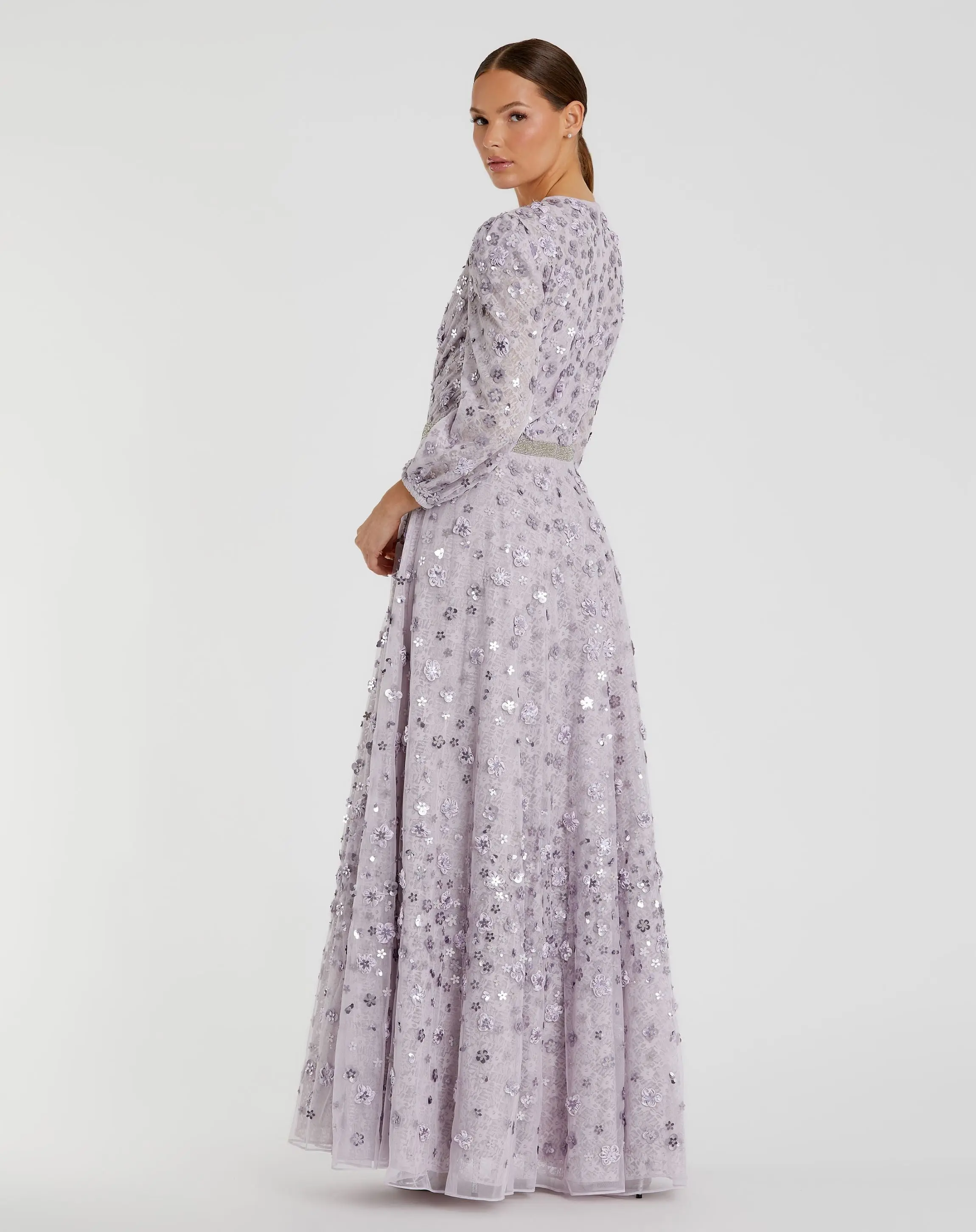 Purple Floral Applique Puff Sleeve High Neck A-Line Gown - Image 3