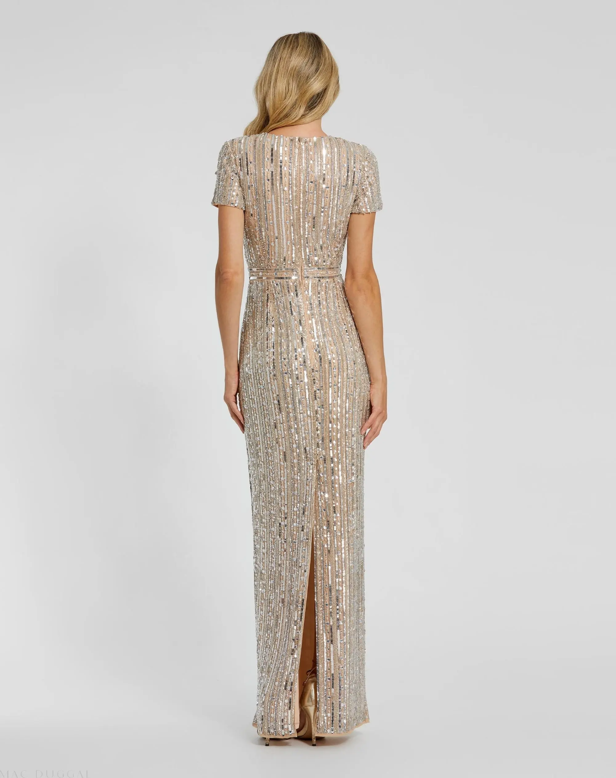 Beige and Silver High Neck Short Sleeve Embellished Gown - Image 3