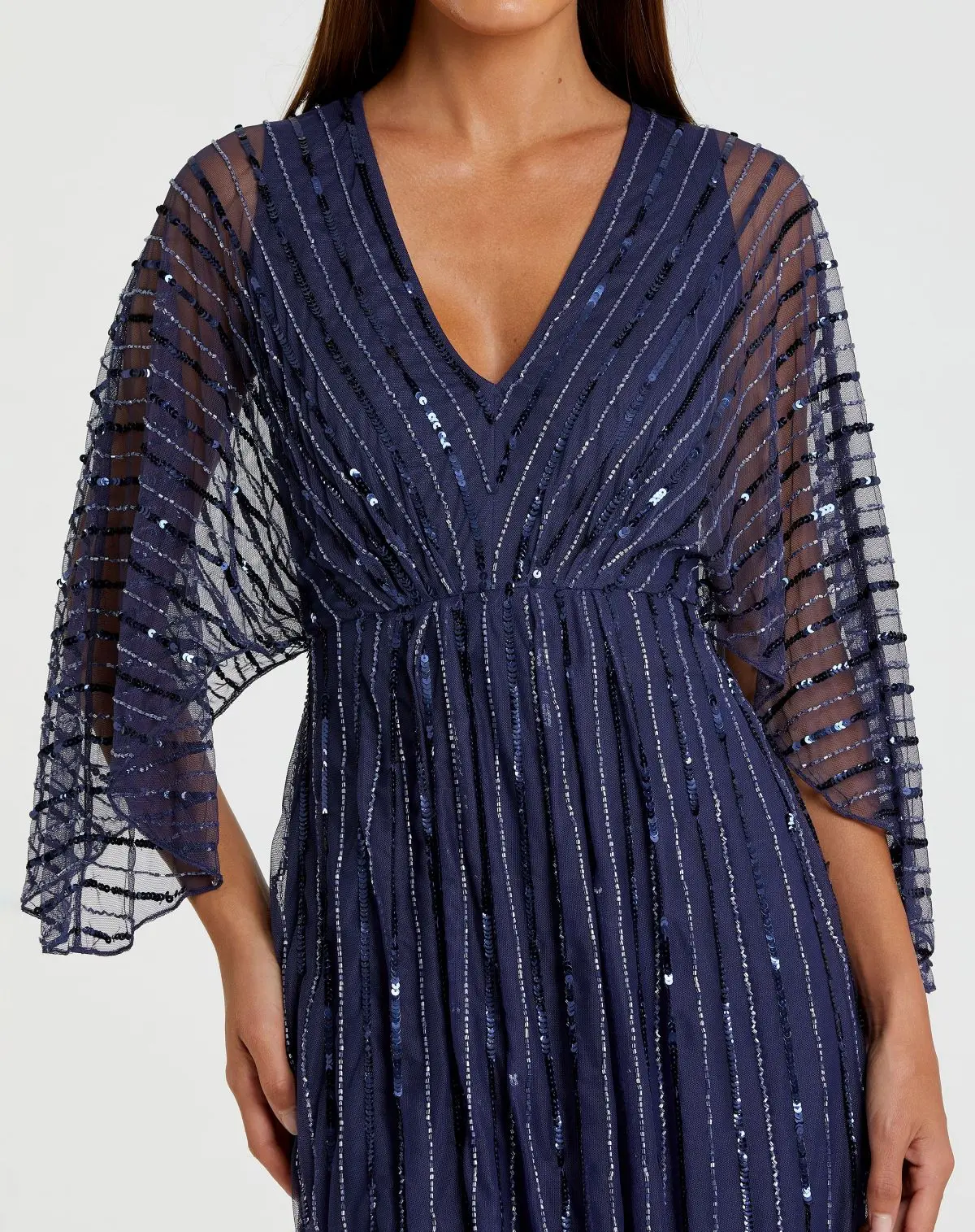 Navy Beaded Striping Kimono Sleeve V Neck Gown - FINAL SALE - Image 2