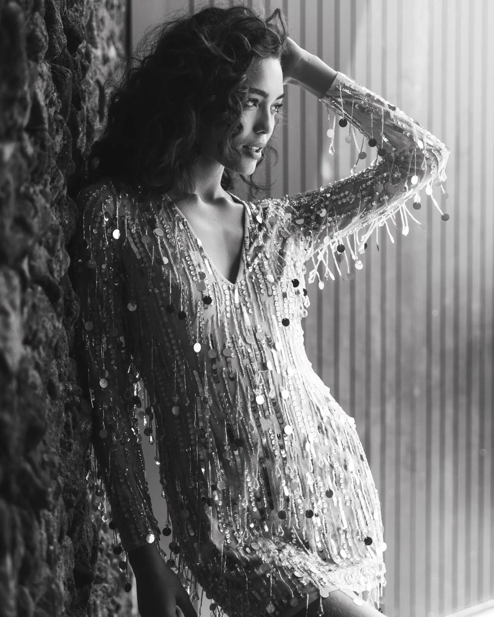 Silver Long Sleeve Beaded Fringe Plunge Neck Dress - Image 5