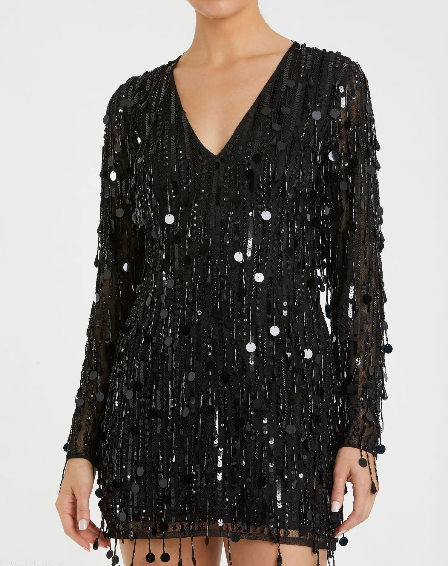 Black Long Sleeve Beaded Fringe Plunge Neck Dress - Image 2