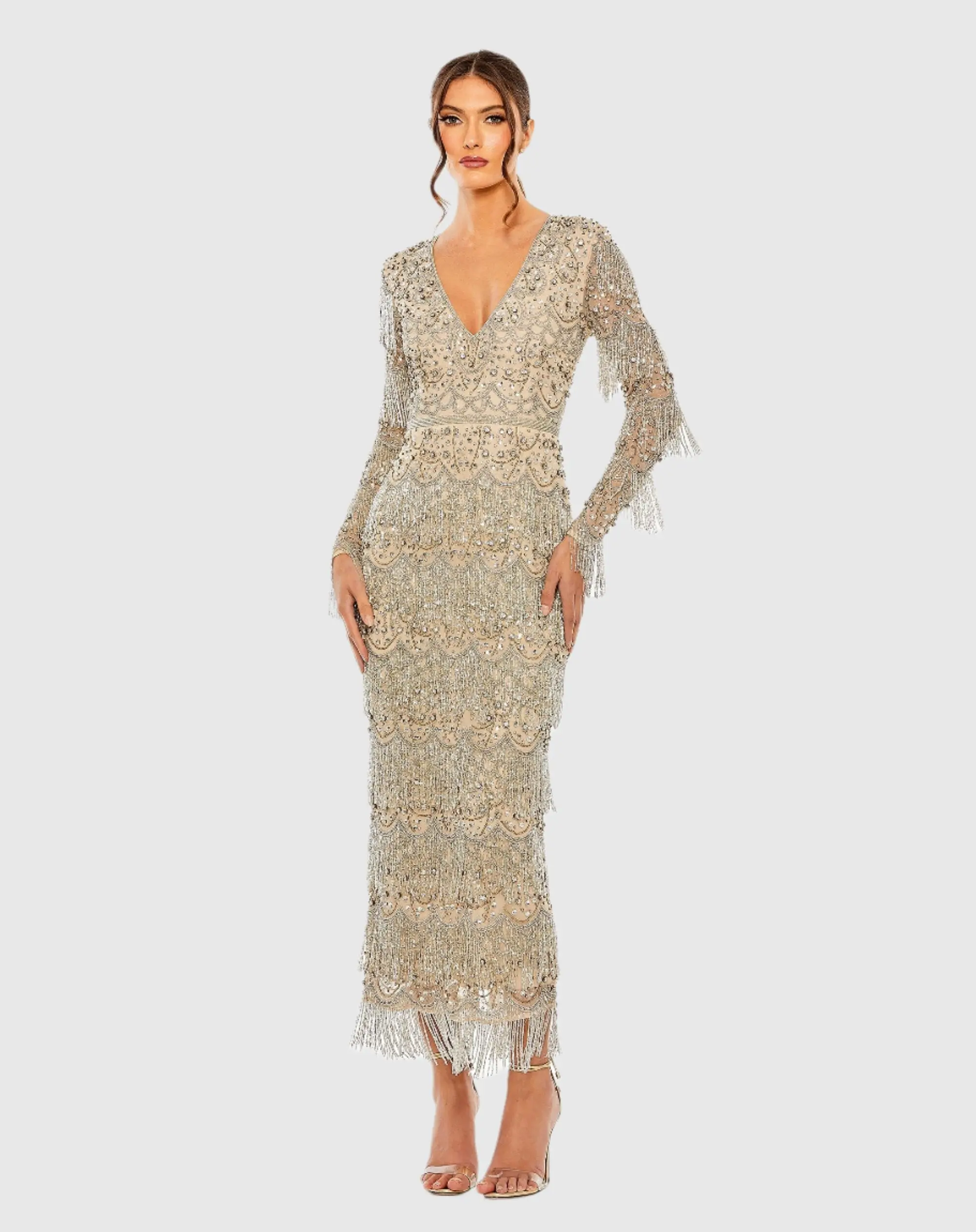 Beige V-Neck Long Sleeve Beaded Fringe Dress