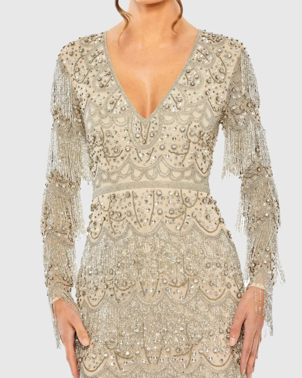 Beige V-Neck Long Sleeve Beaded Fringe Dress - Image 2
