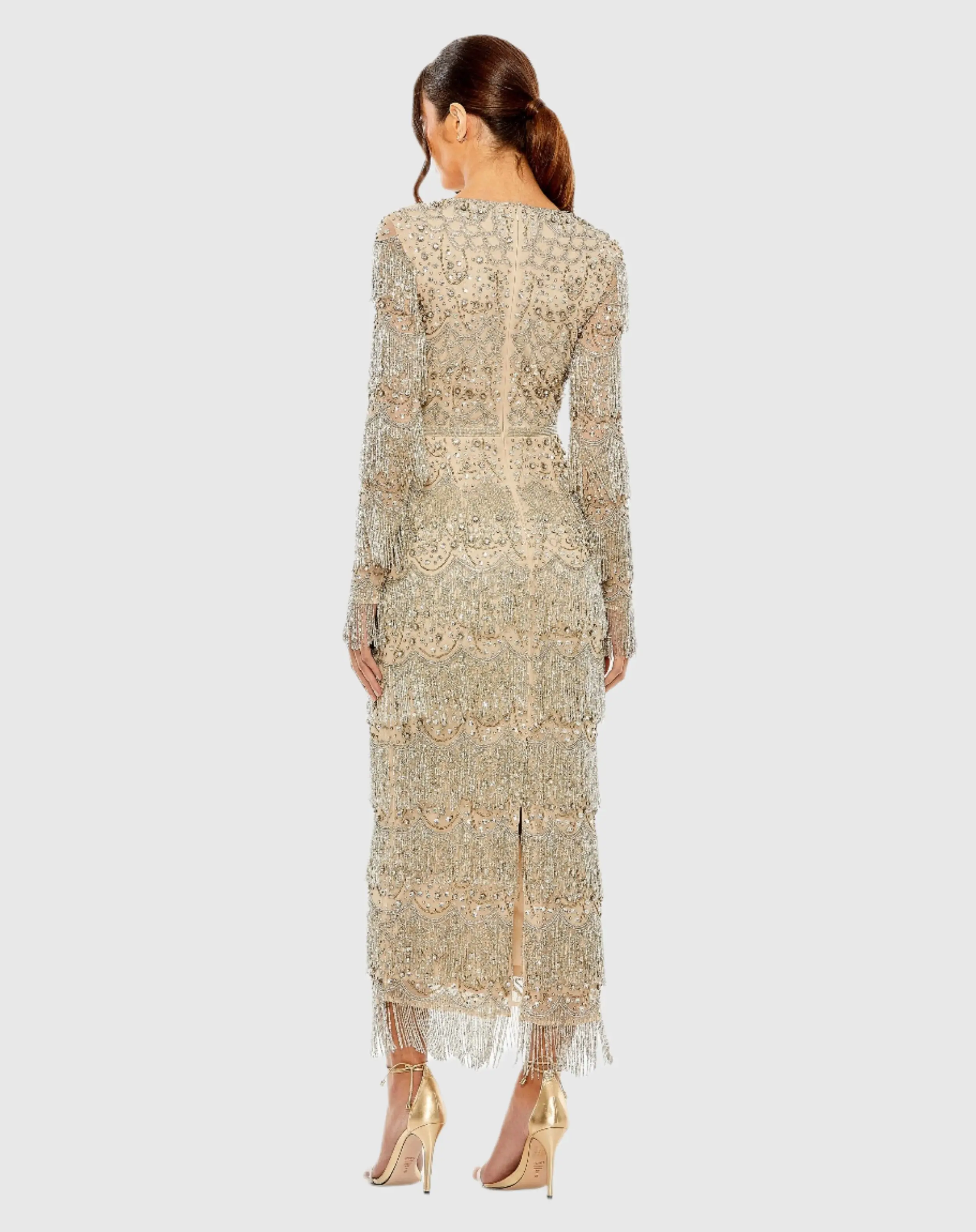 Beige V-Neck Long Sleeve Beaded Fringe Dress - Image 3