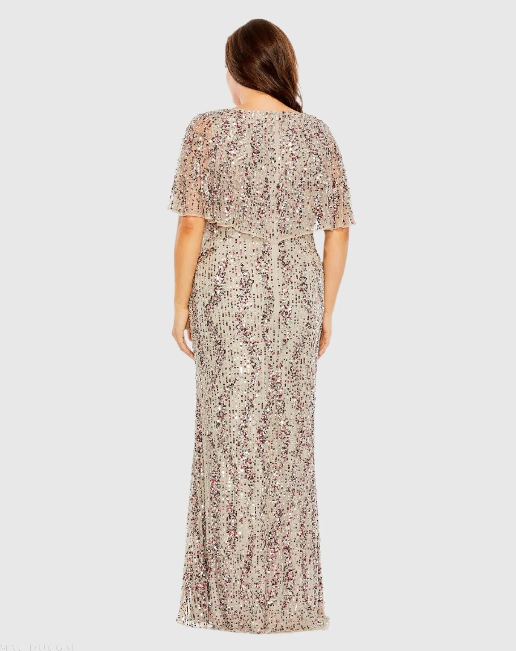 Beige High Neck Column Gown with Cape (Plus) - FINAL SALE - Image 3