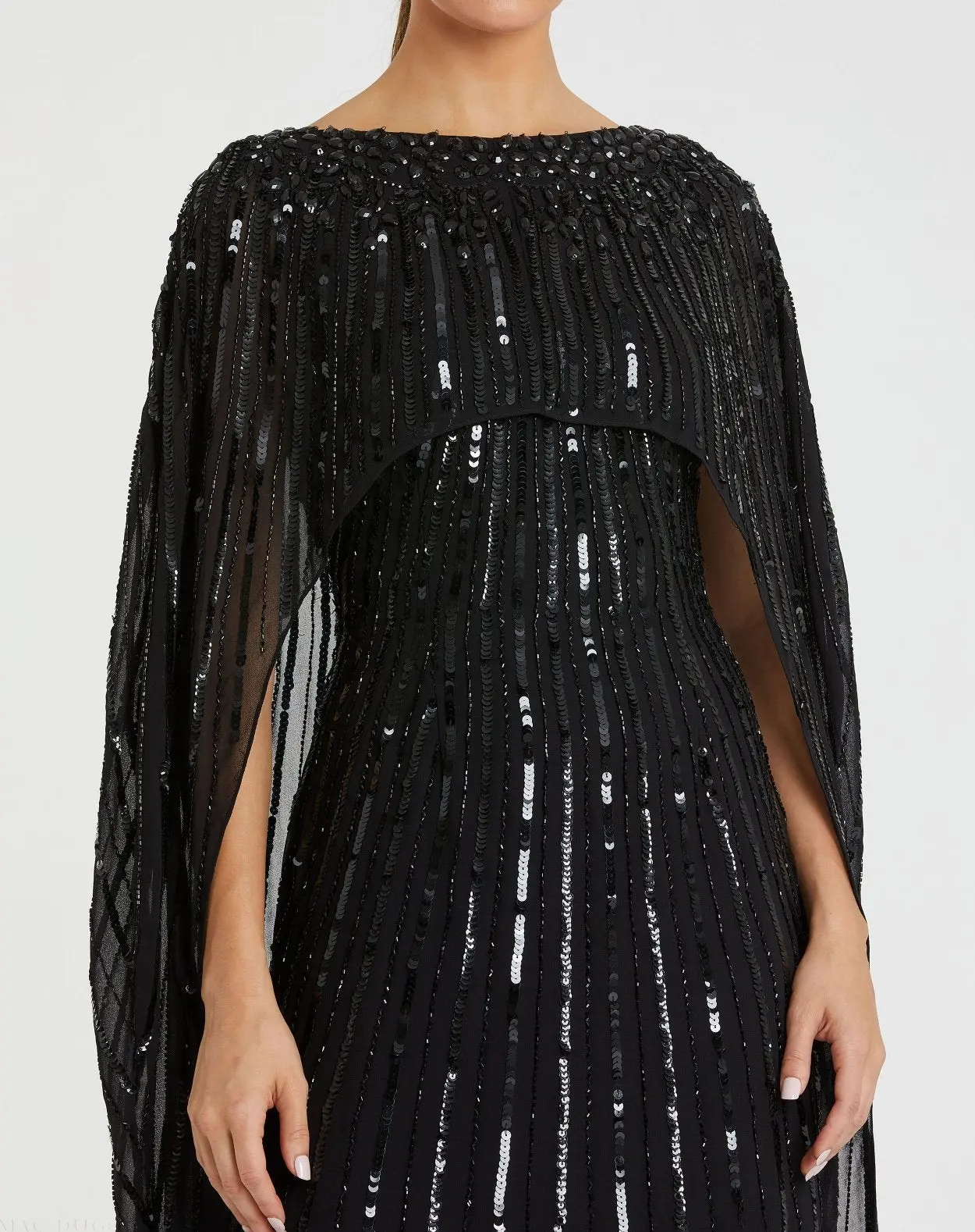 Black Embellished Beaded Column Cape Gown - Image 2