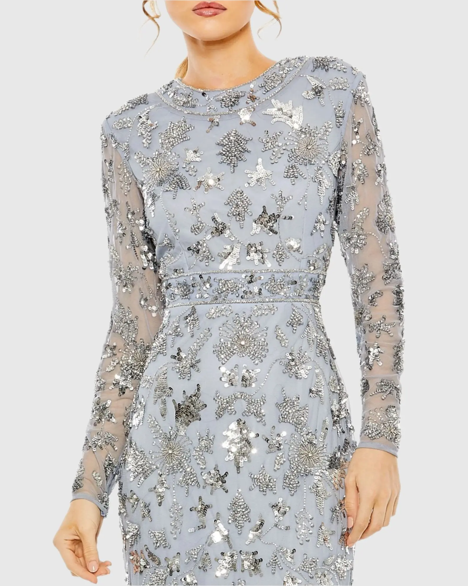 Blue High Neck Long Sleeve Embellished Column Gown - Image 2