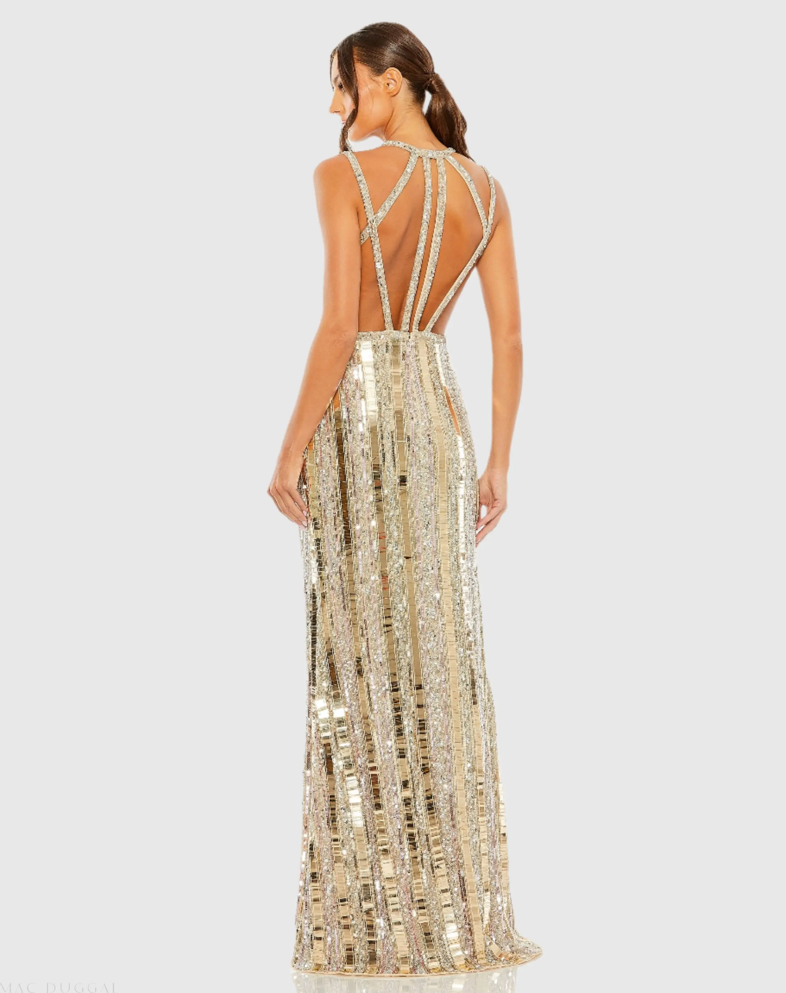 Gold and Silver Halter Neck Embellished Detailed Back Gown - Image 2
