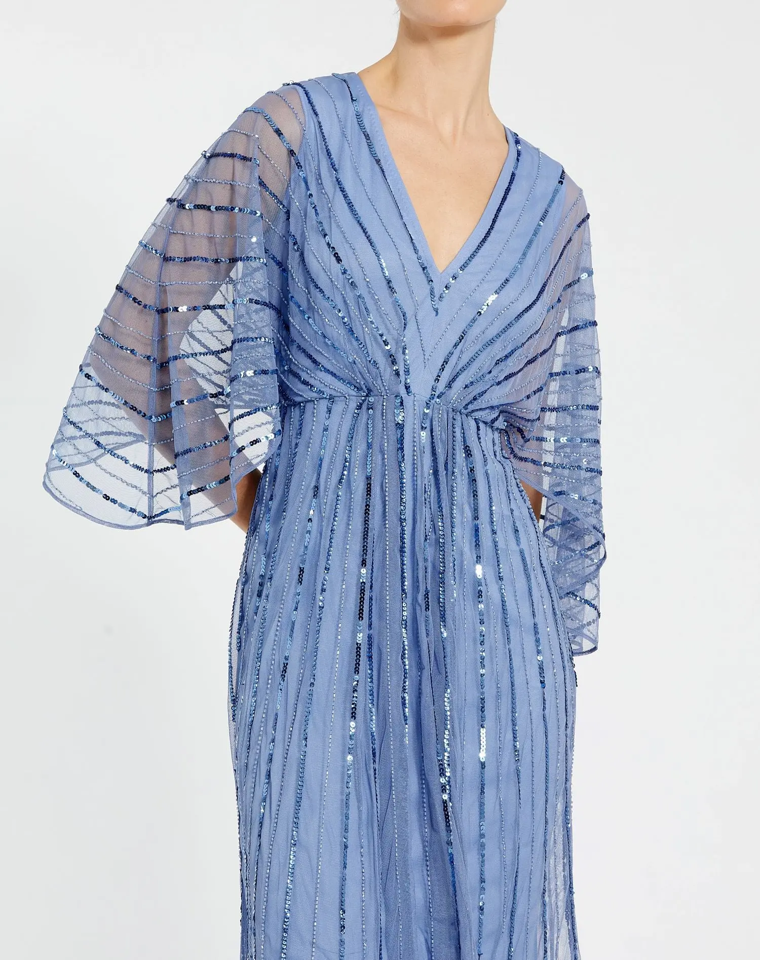 Blue Beaded Kimono V-Neck Empire Midi Dress - Image 2
