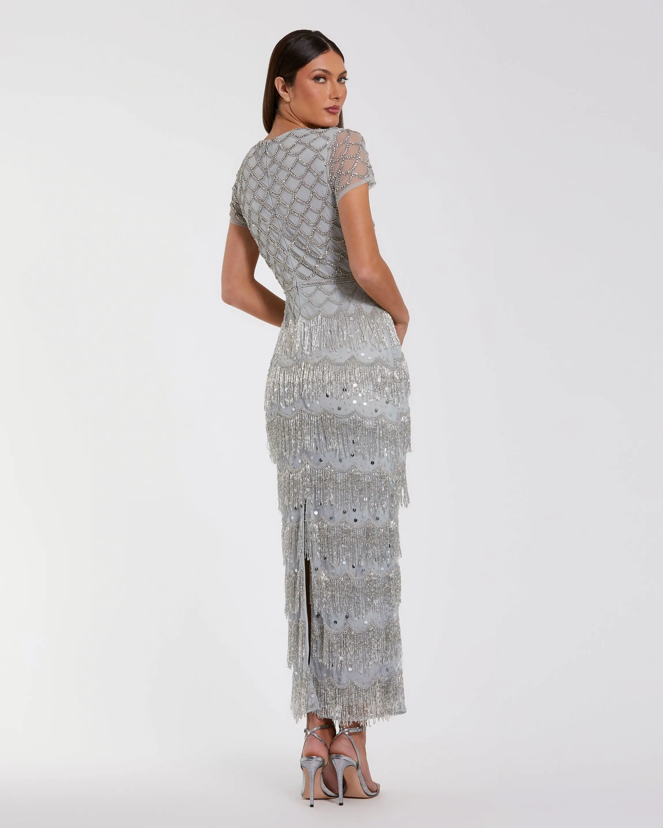 Blue Cap Sleeve Embellished Fringe Maxi Dress - Image 3
