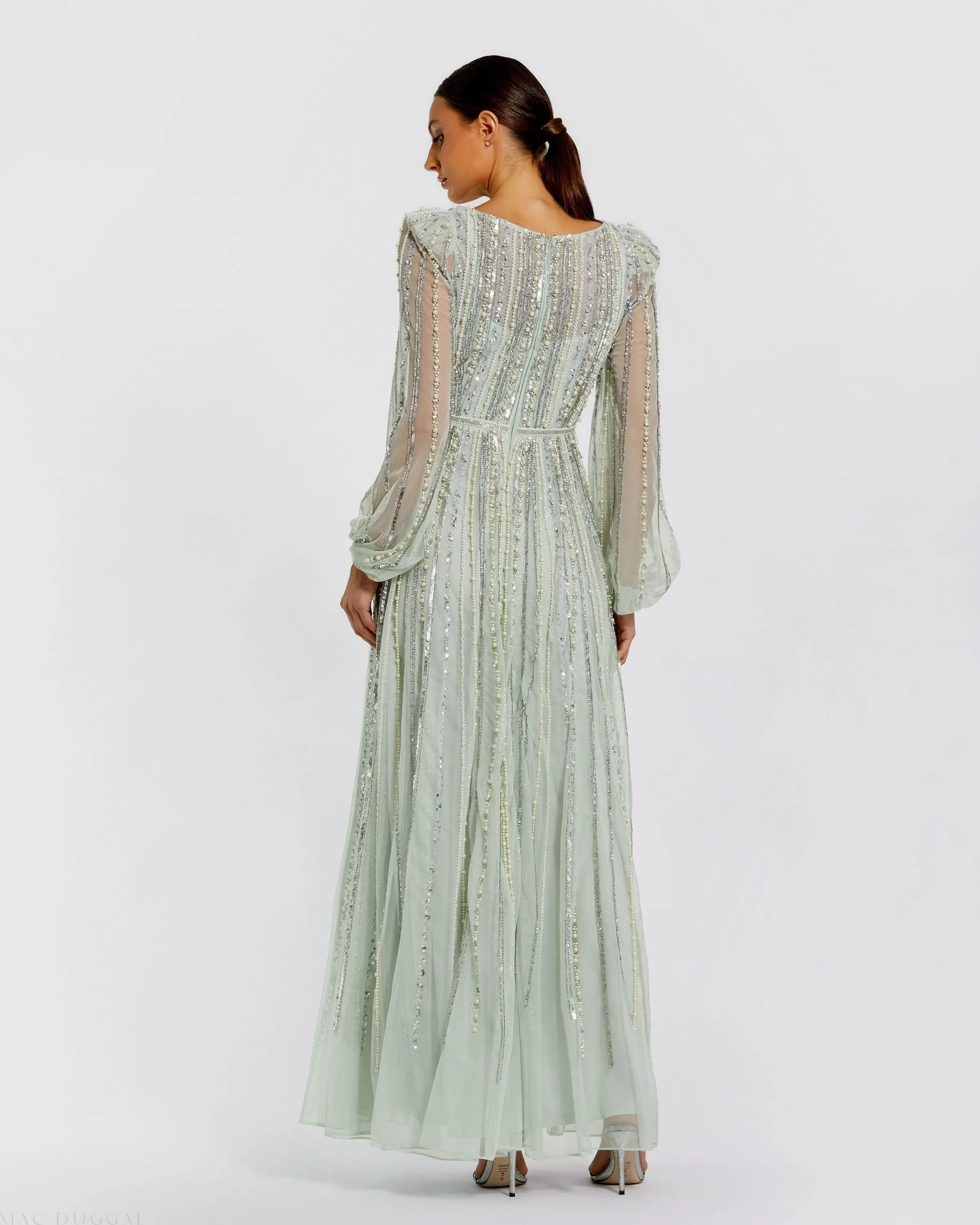 Green Boat Neck Long Sleeve Beaded Gown - Image 3