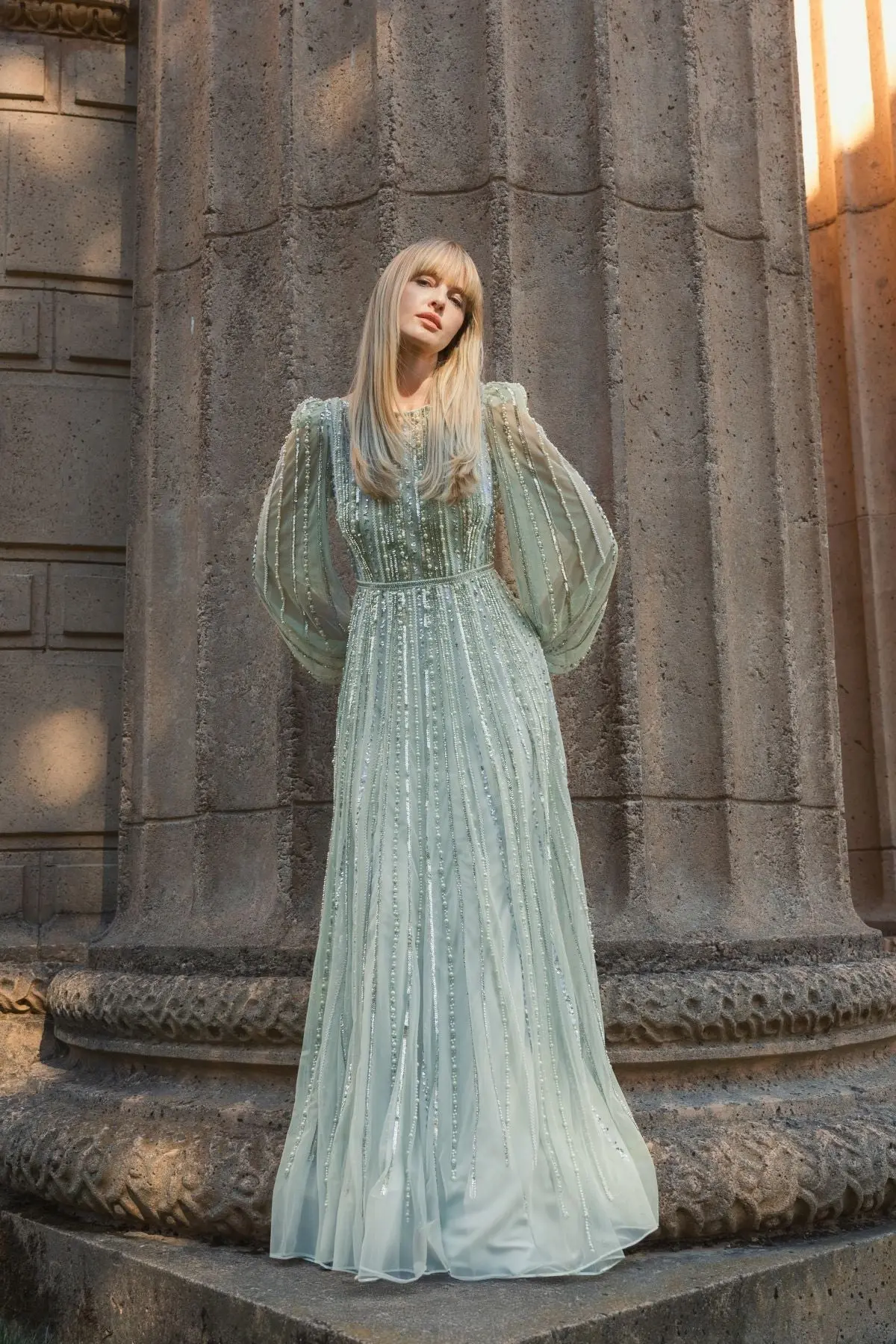 Green Boat Neck Long Sleeve Beaded Gown - Image 4