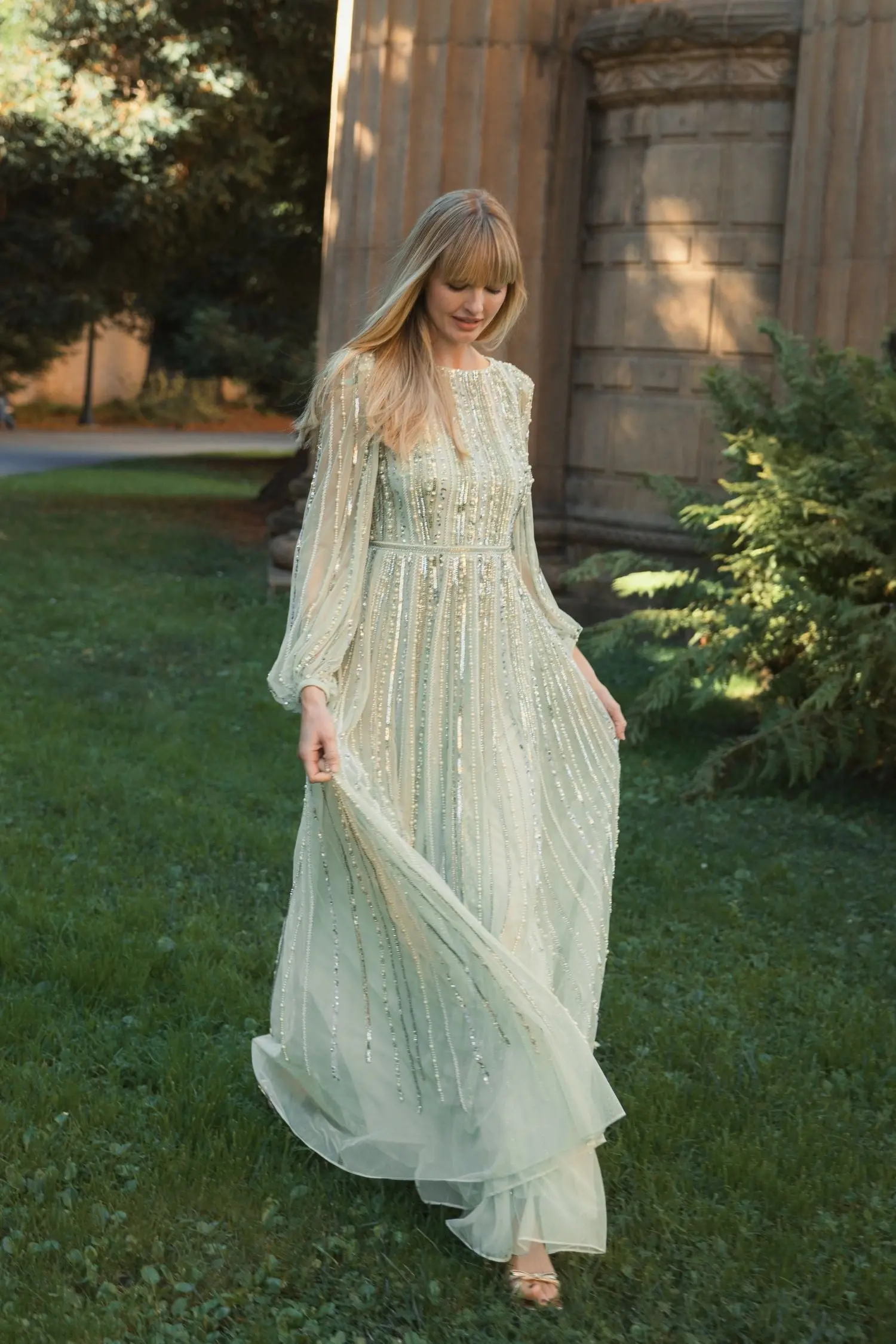 Green Boat Neck Long Sleeve Beaded Gown - Image 6