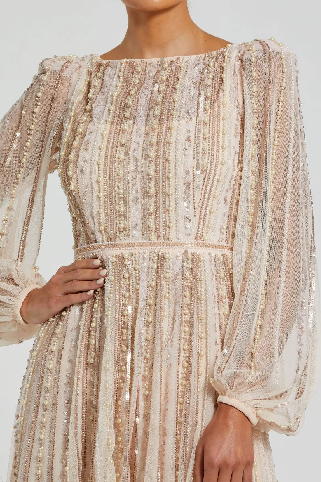 Pink Boat Neck Long Sleeve Gown With Striped Beading - Image 2