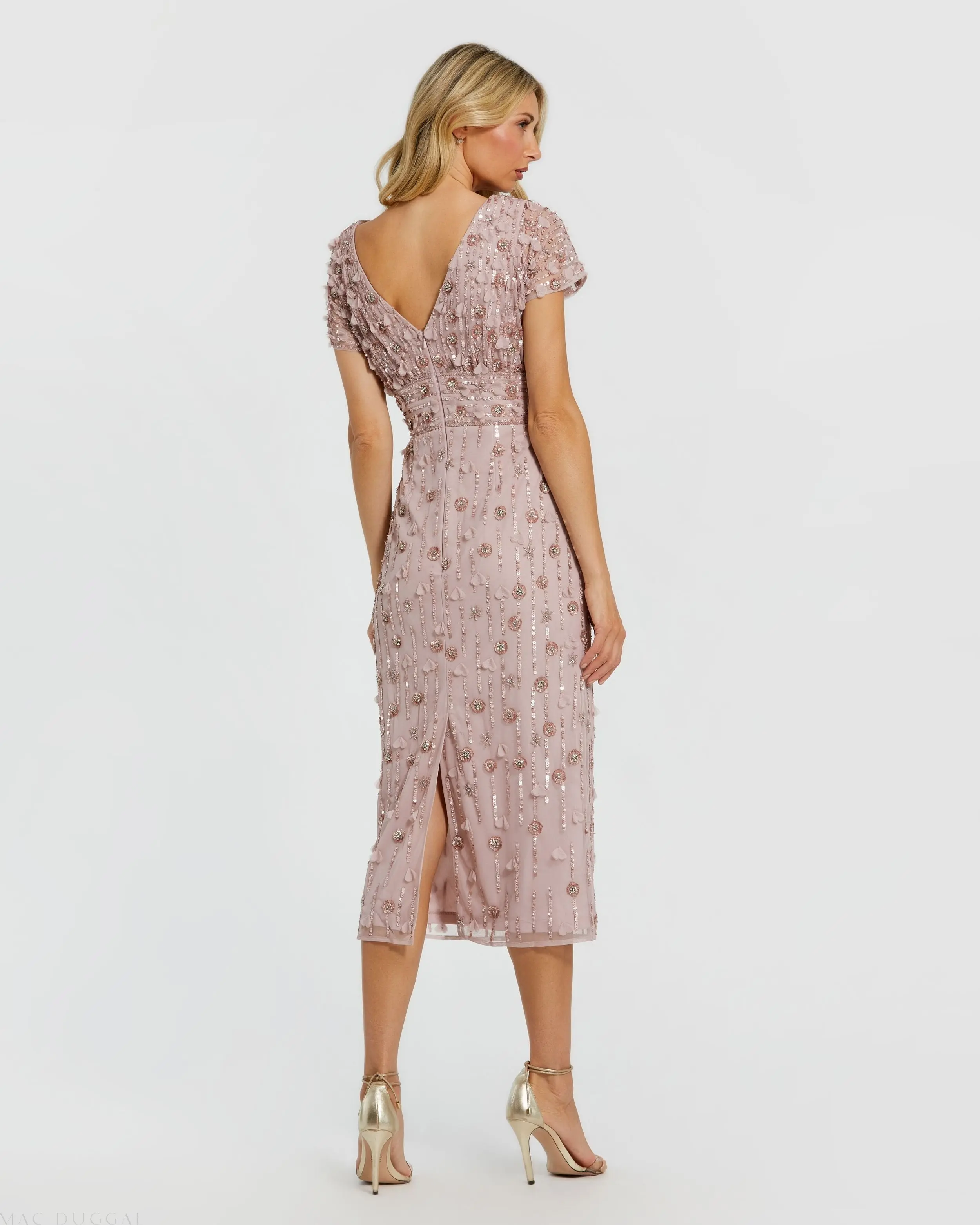 Pink Cap Sleeve Sheath Midi Dress With Floral Beading - Image 3