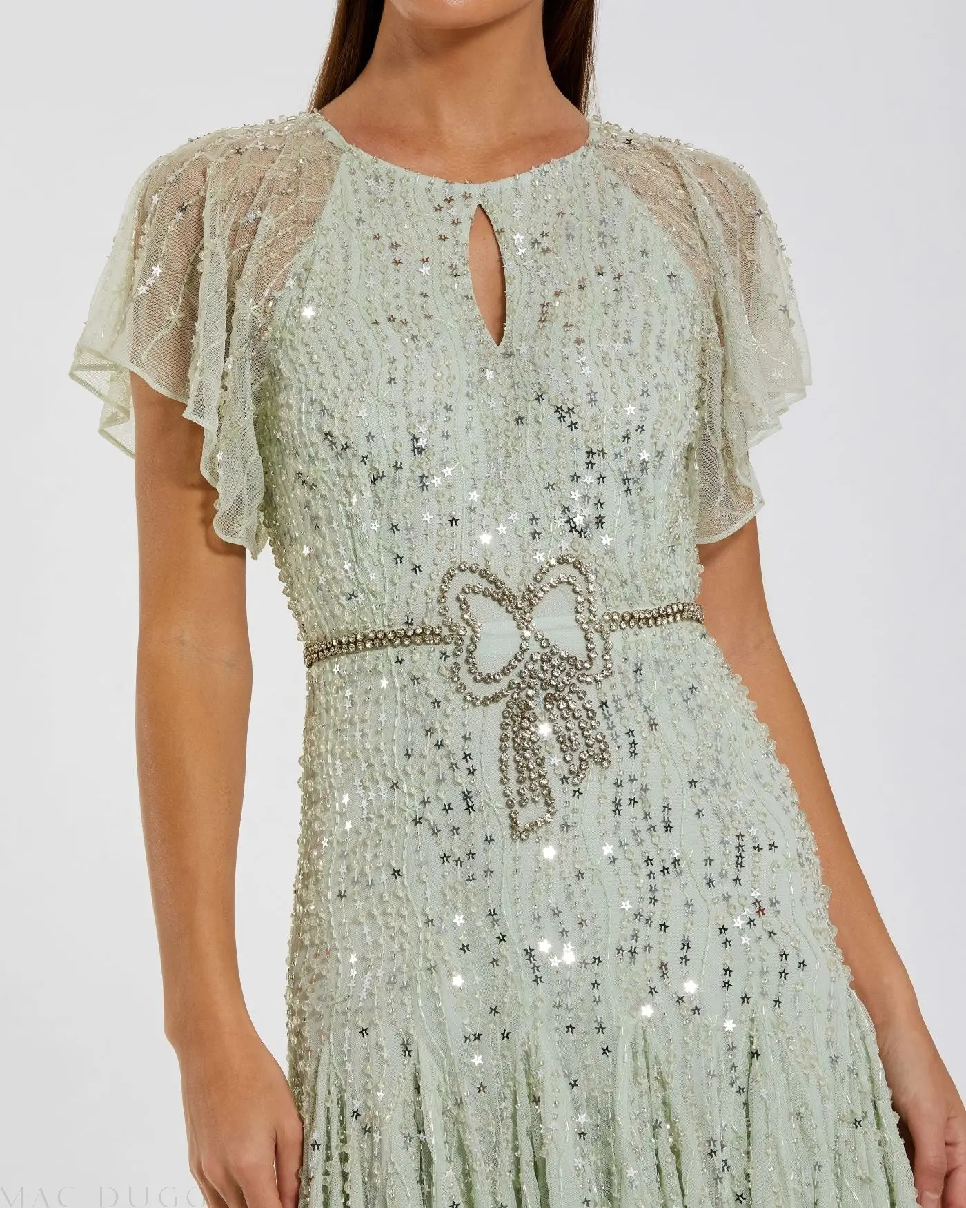Green Embellished Bow Flutter Sleeve A Line Midi Dress - Image 2