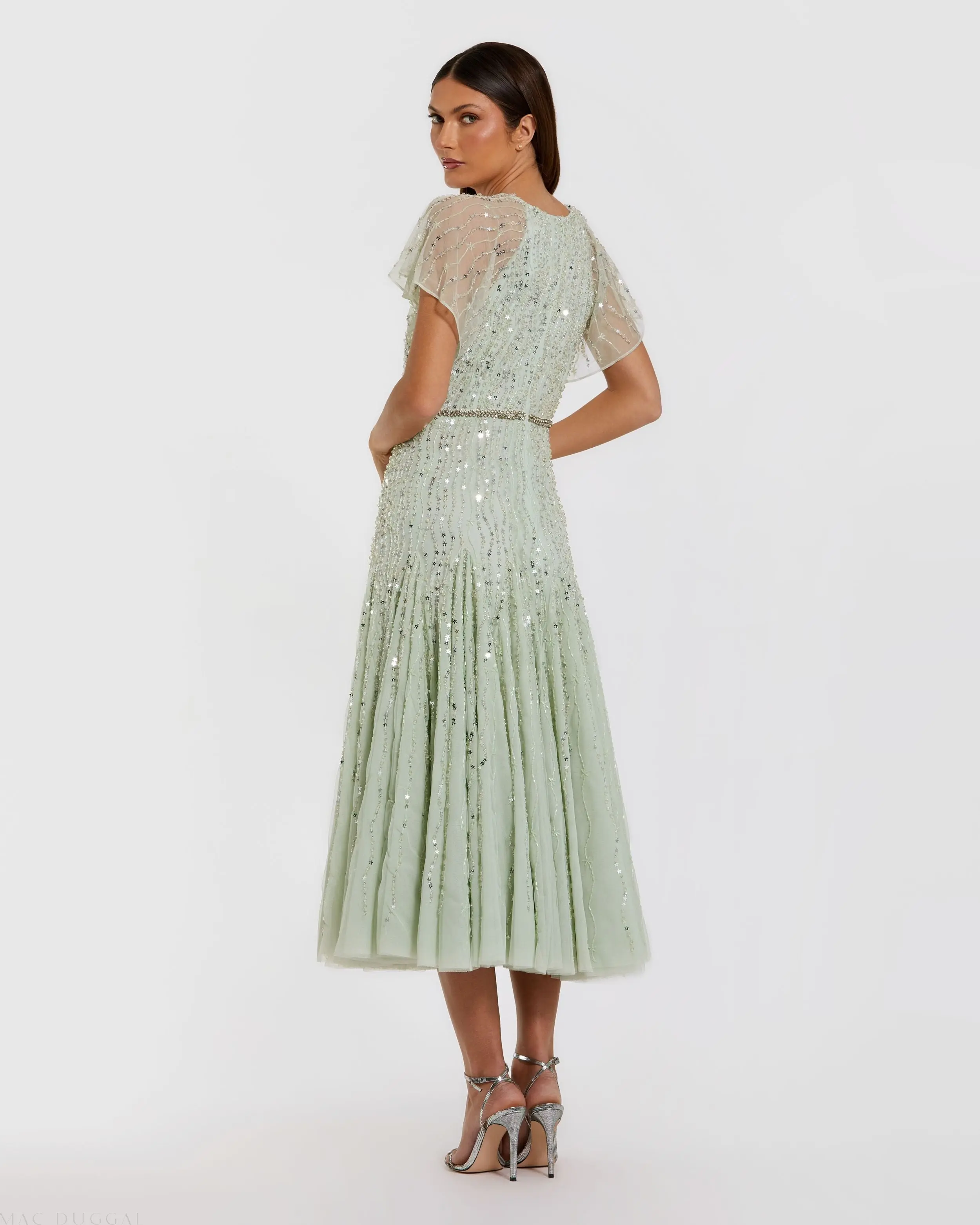 Green Embellished Bow Flutter Sleeve A Line Midi Dress - Image 3