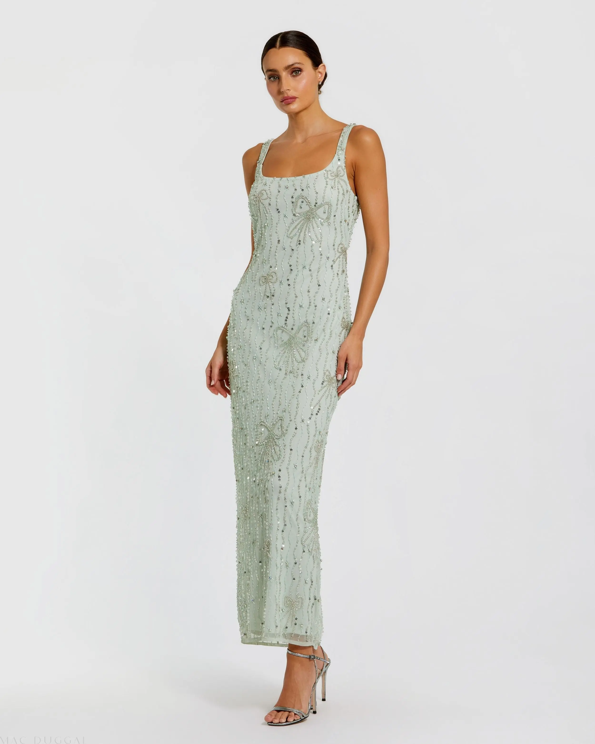 Green Scoop Neck Embellished Dress With Bow Detail