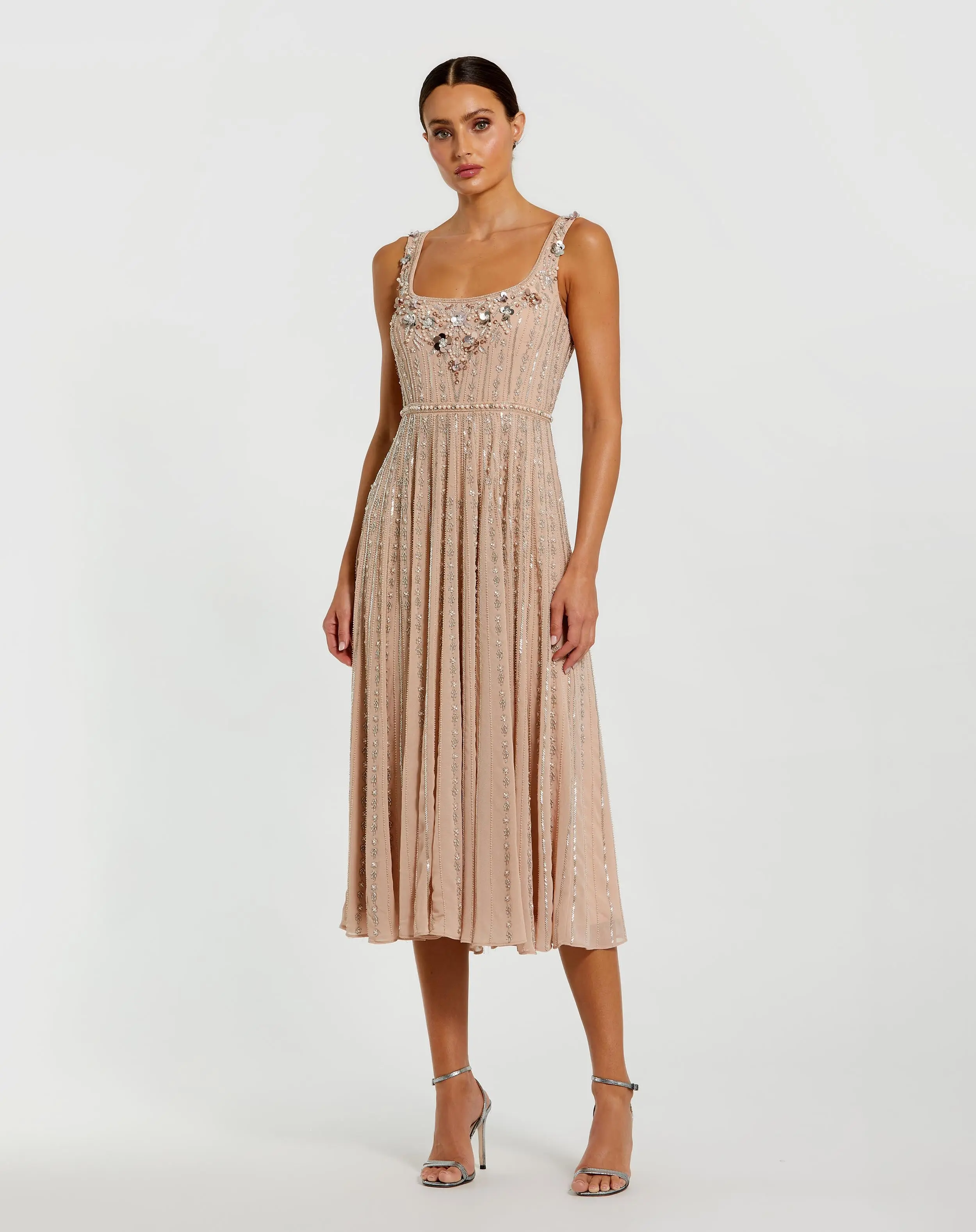 Pink Sleeveless Scoop Neck Embellished Midi Dress