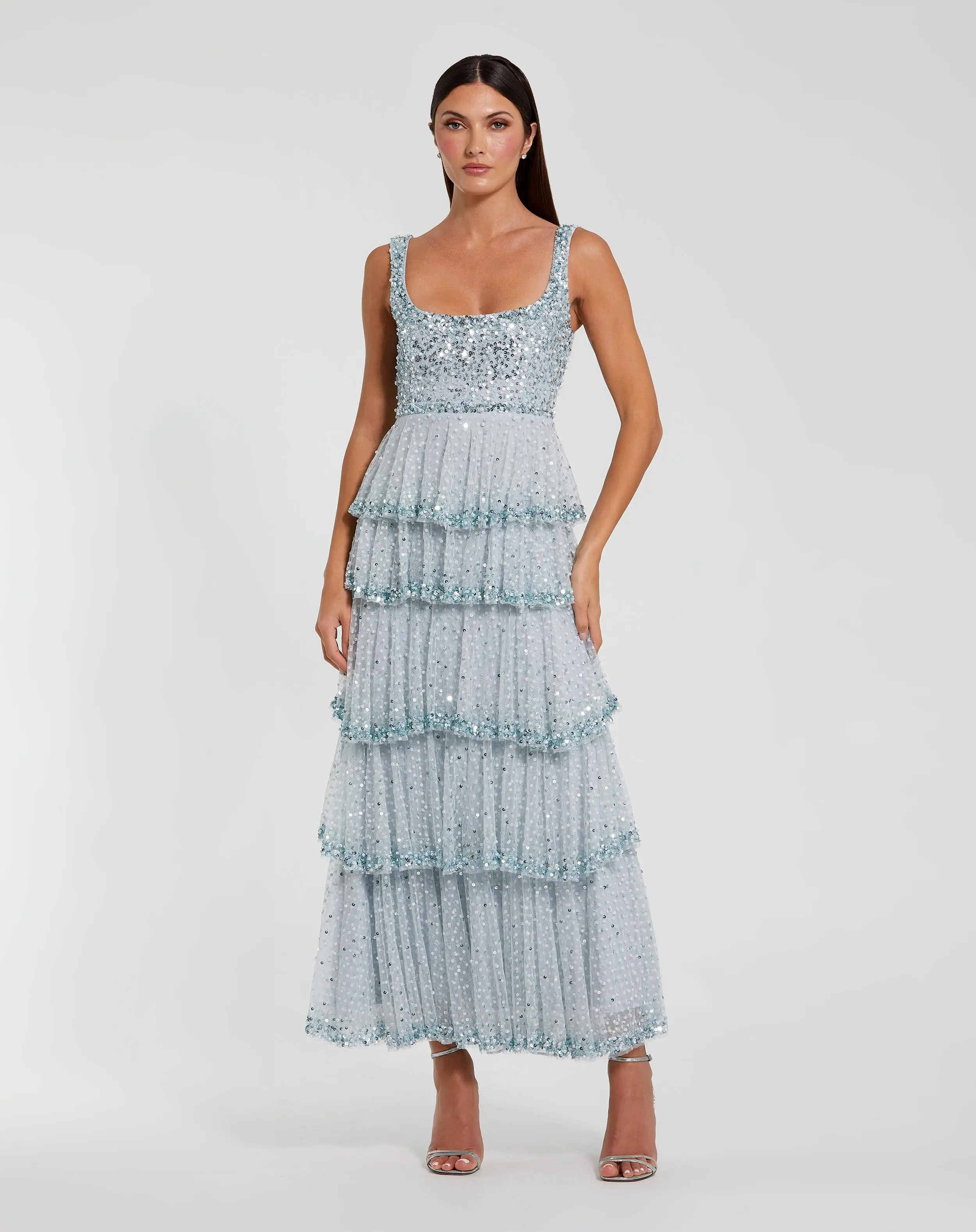 Blue Square Neck Embellished Ruffle Maxi Dress