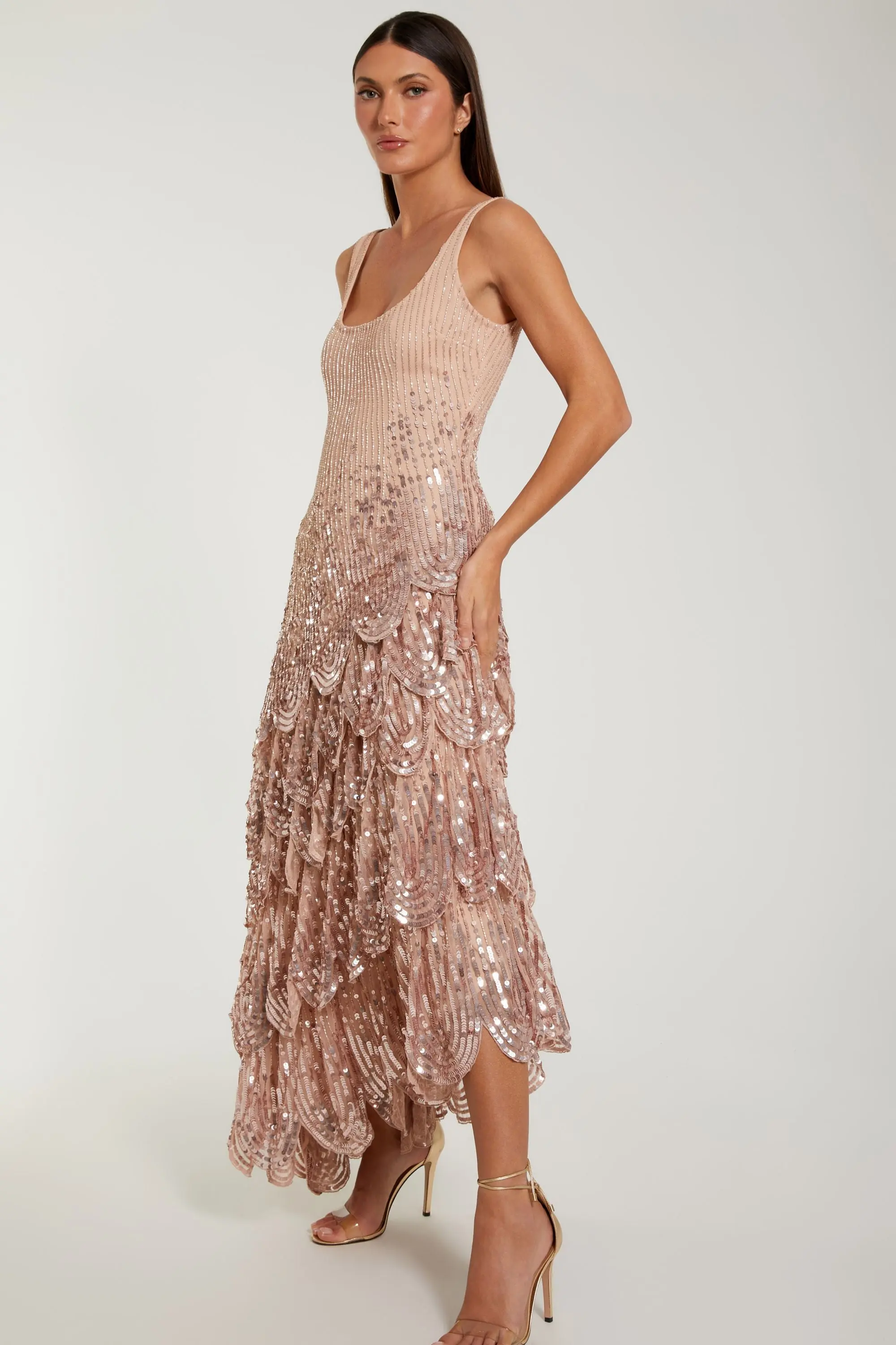 Pink Asymmetrical Scallop Hem Embellished Dress - Image 8