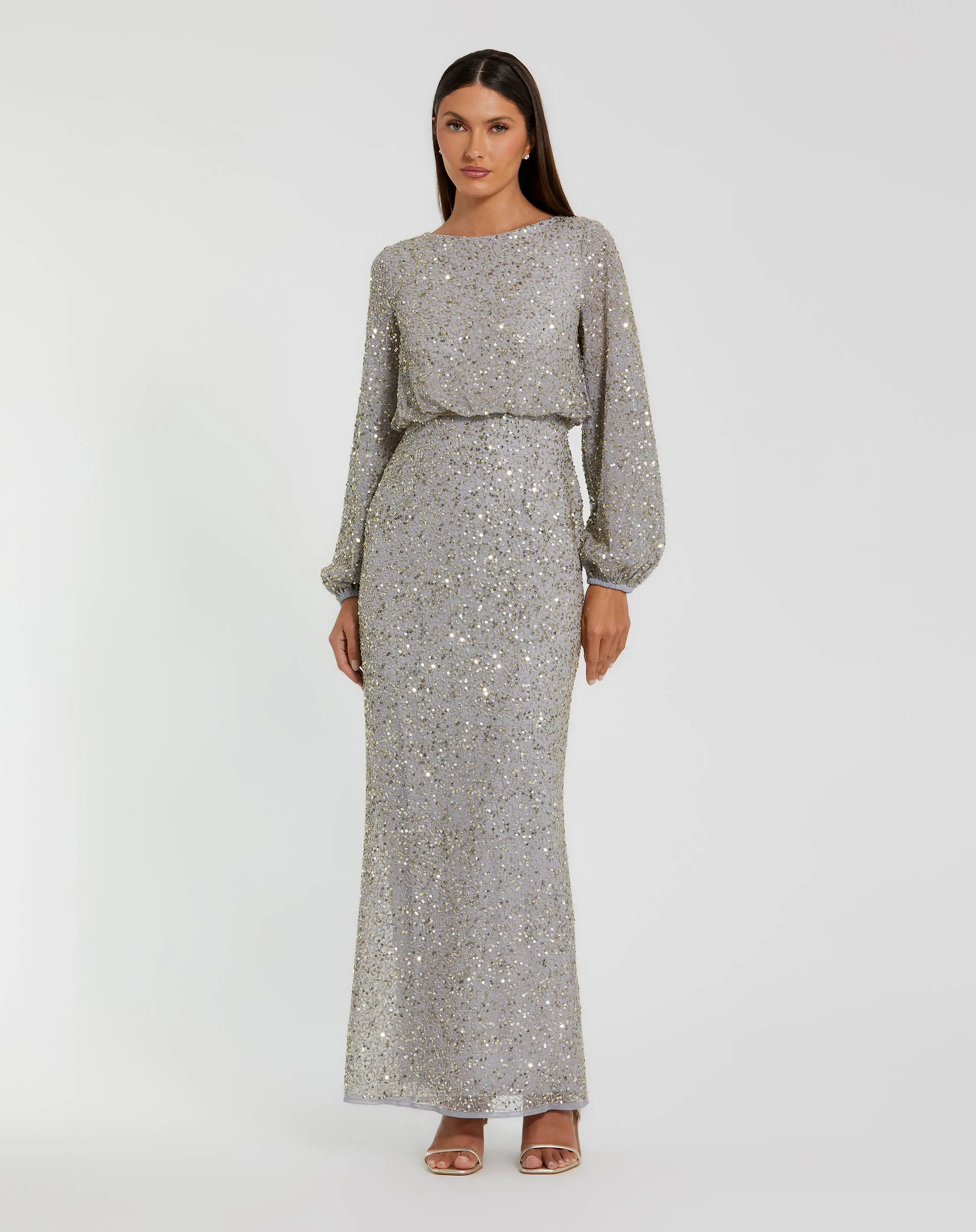 Silver Sequin Blouson Long Sleeve Gown