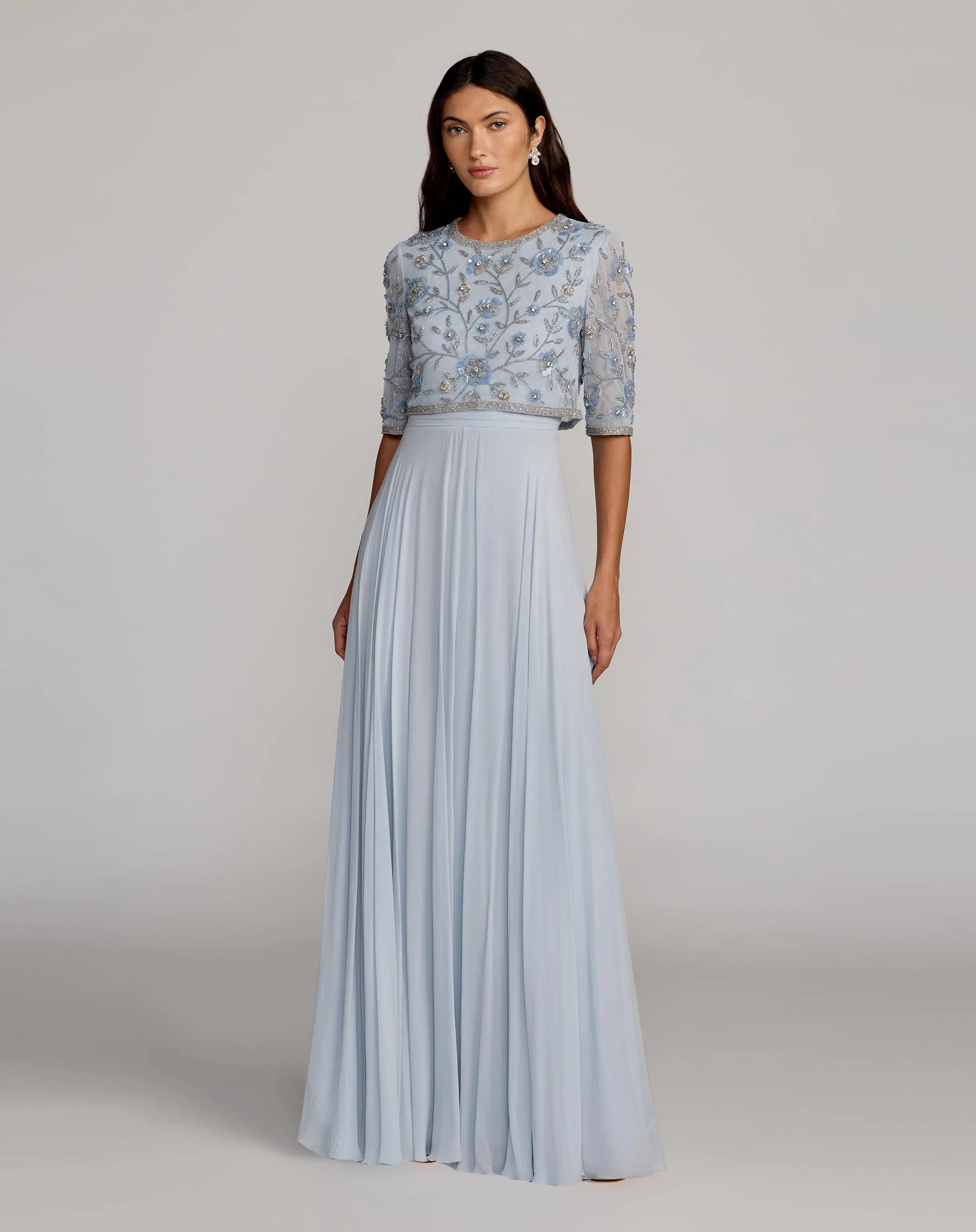 Blue High Neck Embellished Top With Chiffon Skirt Gown