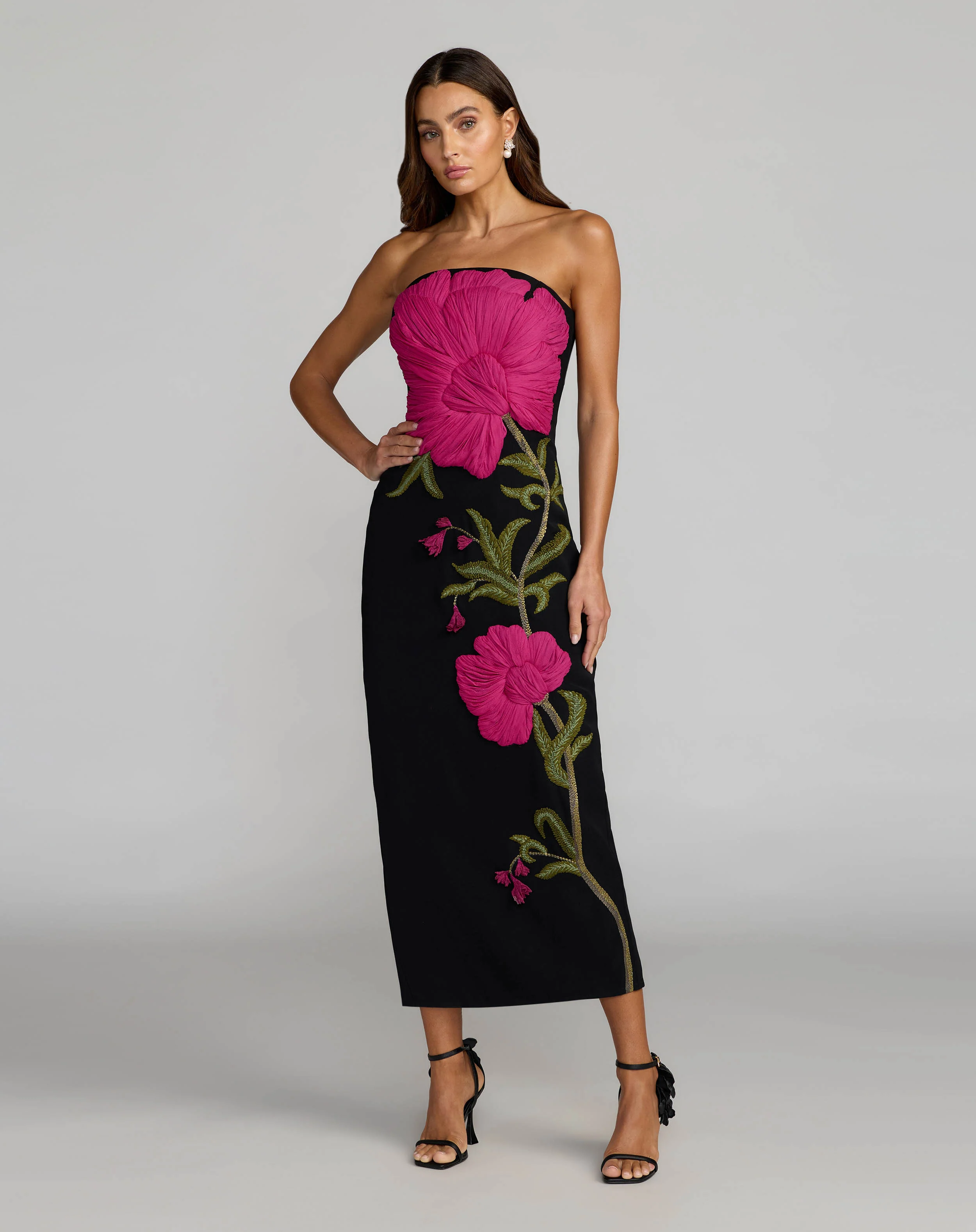 Black Strapless Floral Embroidered Midi Dress