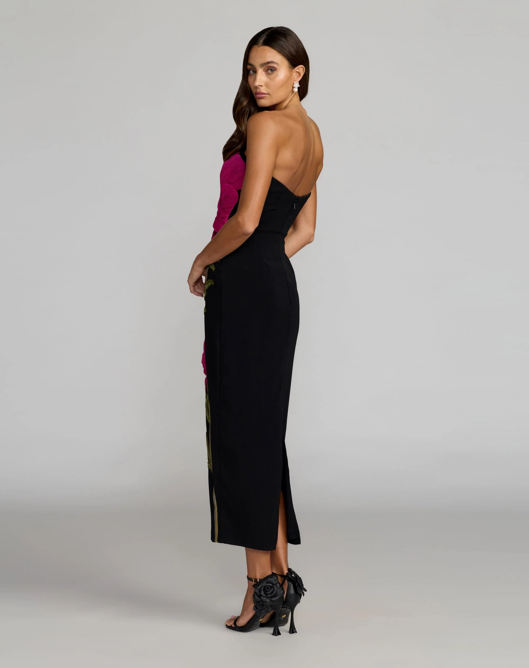 Black Strapless Floral Embroidered Midi Dress - Image 3
