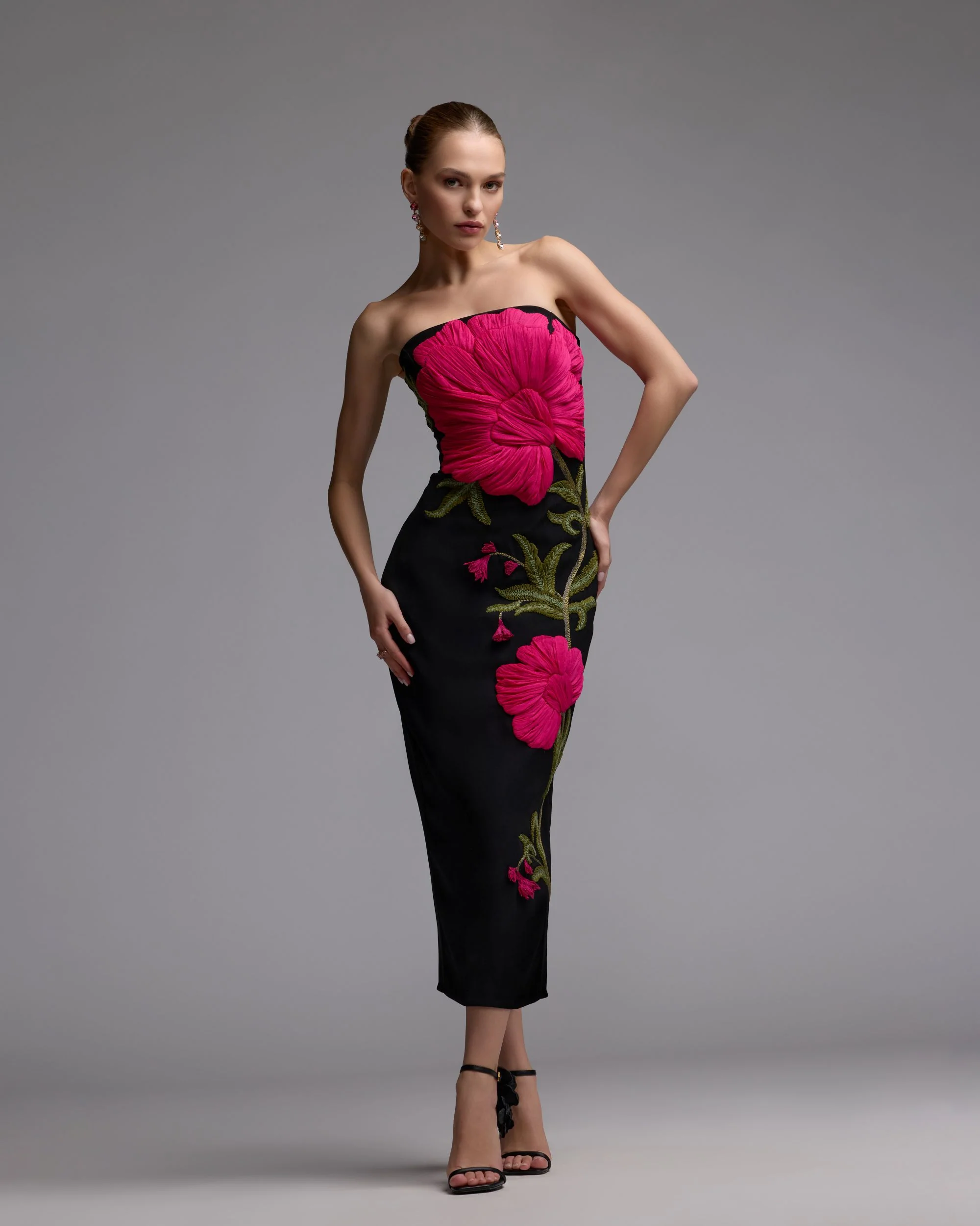 Black Strapless Floral Embroidered Midi Dress - Image 6