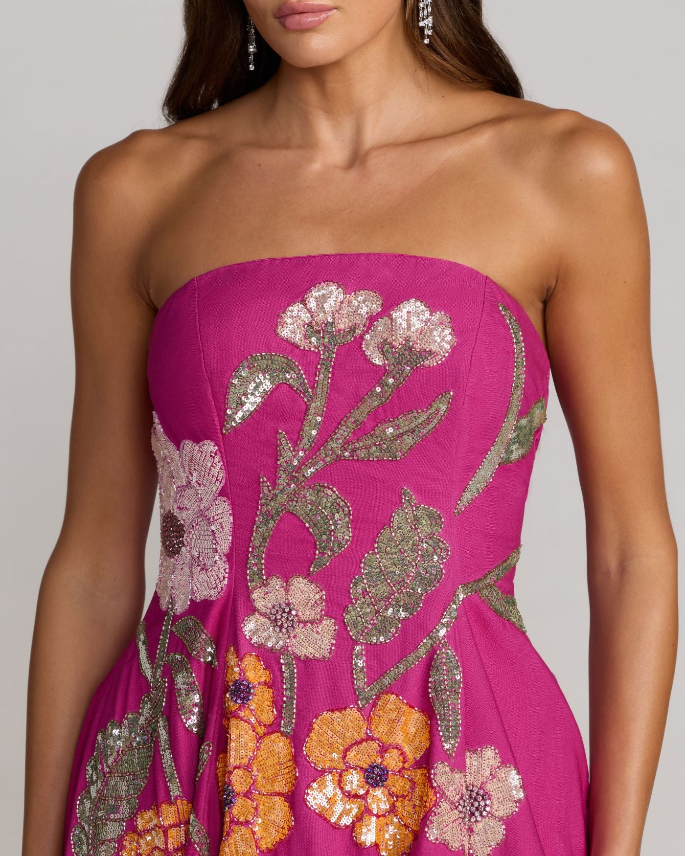 Hot Pink Strapless Floral Embellished Midi Dress - Image 3