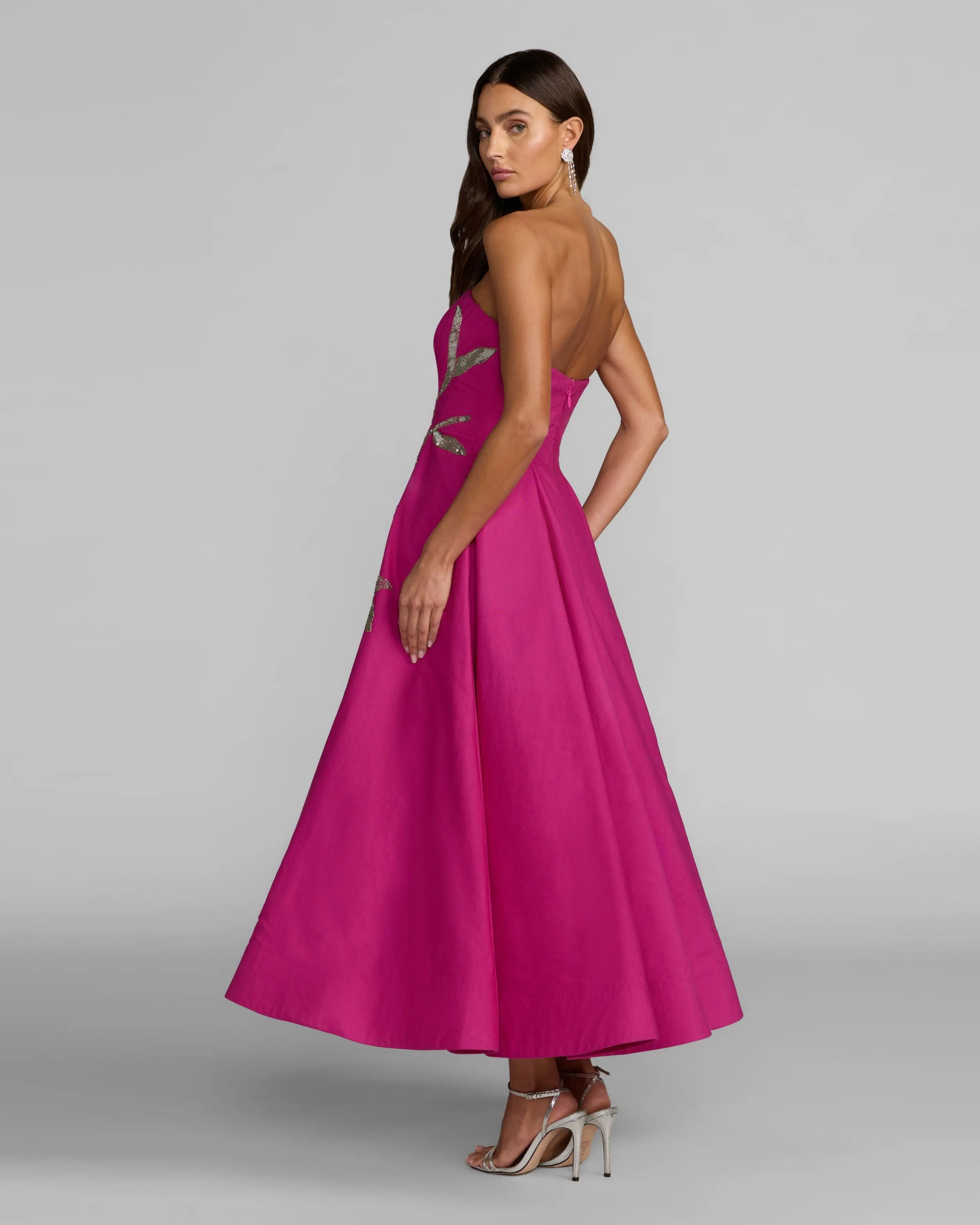 Hot Pink Strapless Floral Embellished Midi Dress - Image 4
