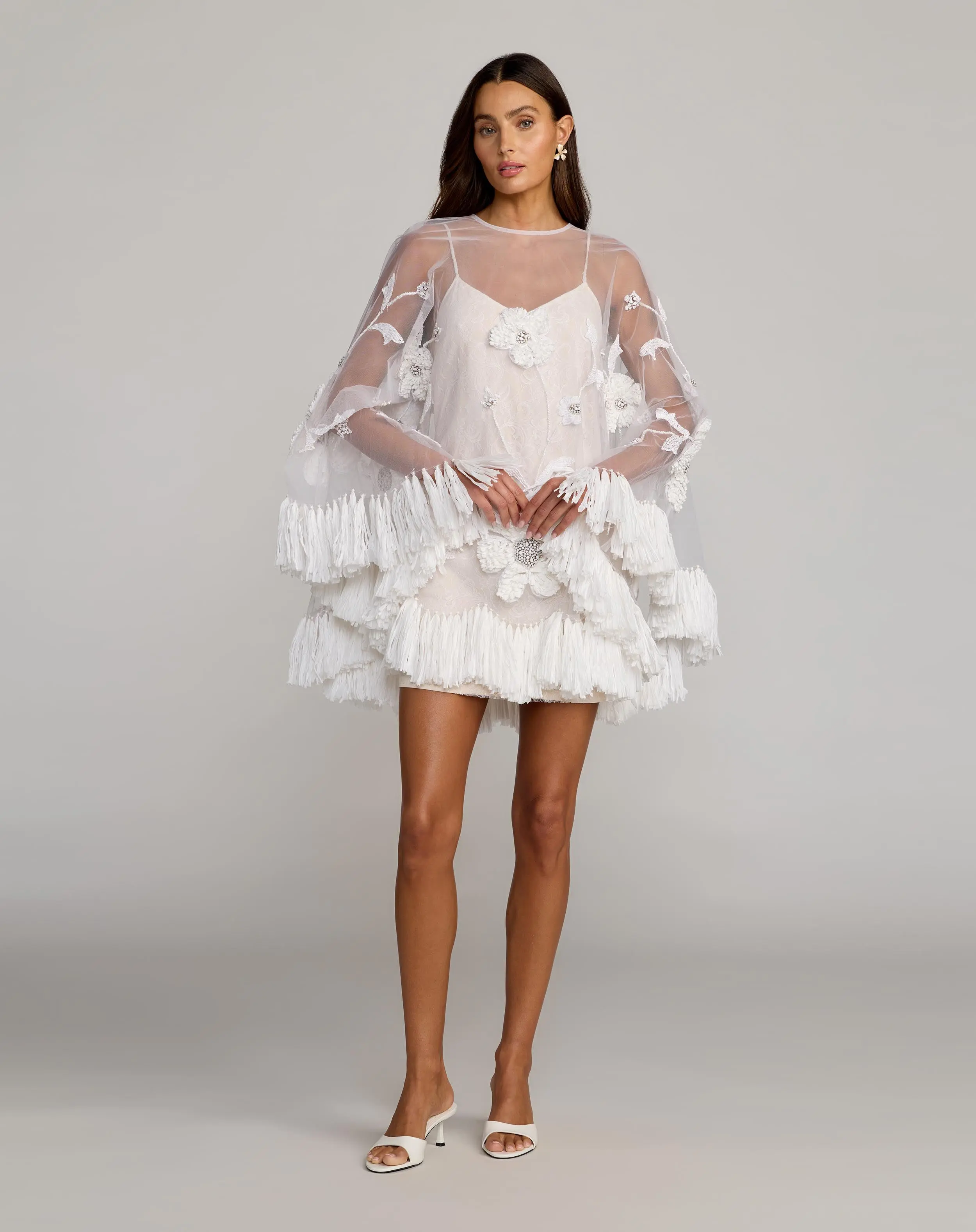 White Embellished Trapeze Mini Dress With Fringe Hem