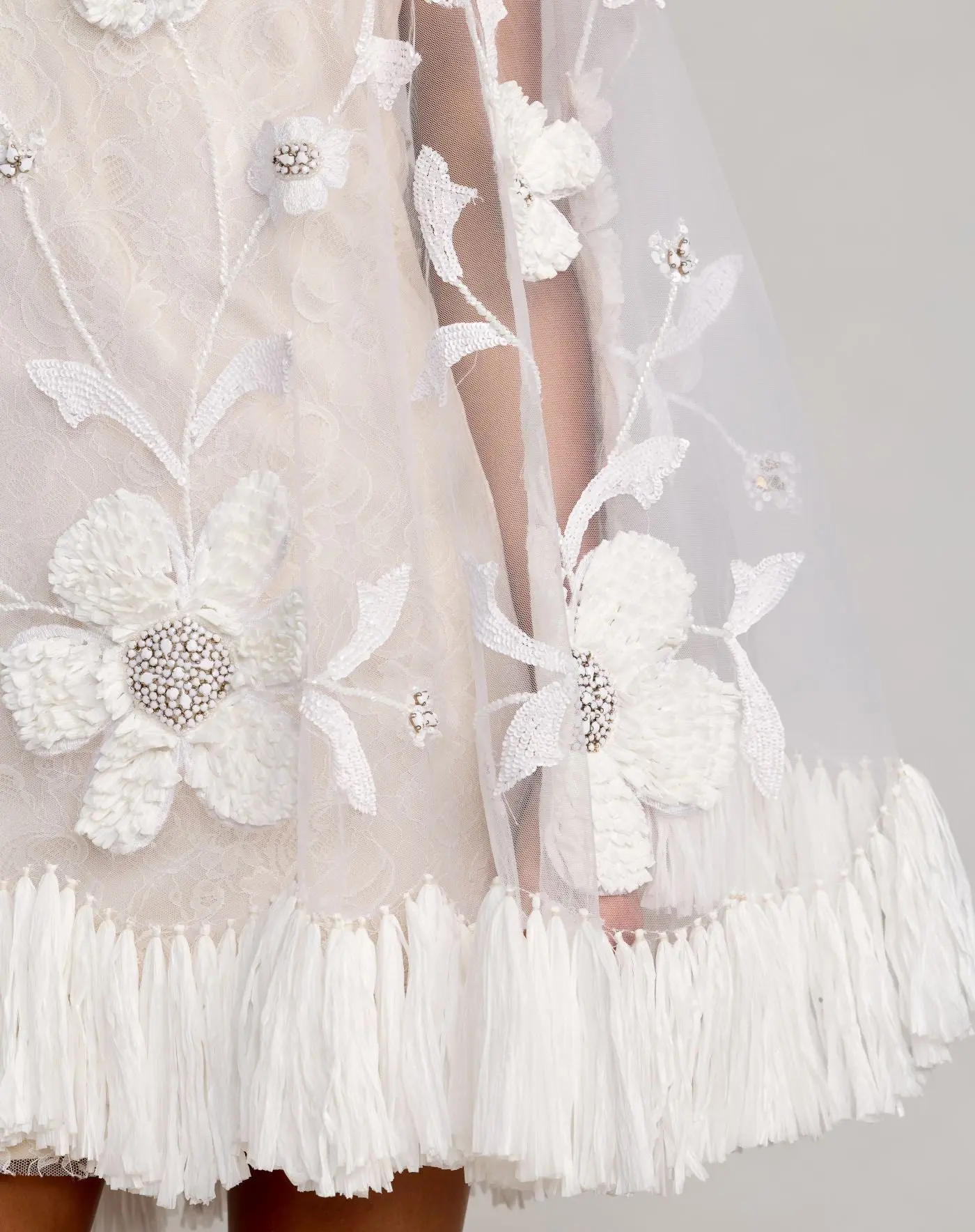 White Embellished Trapeze Mini Dress With Fringe Hem - Image 3