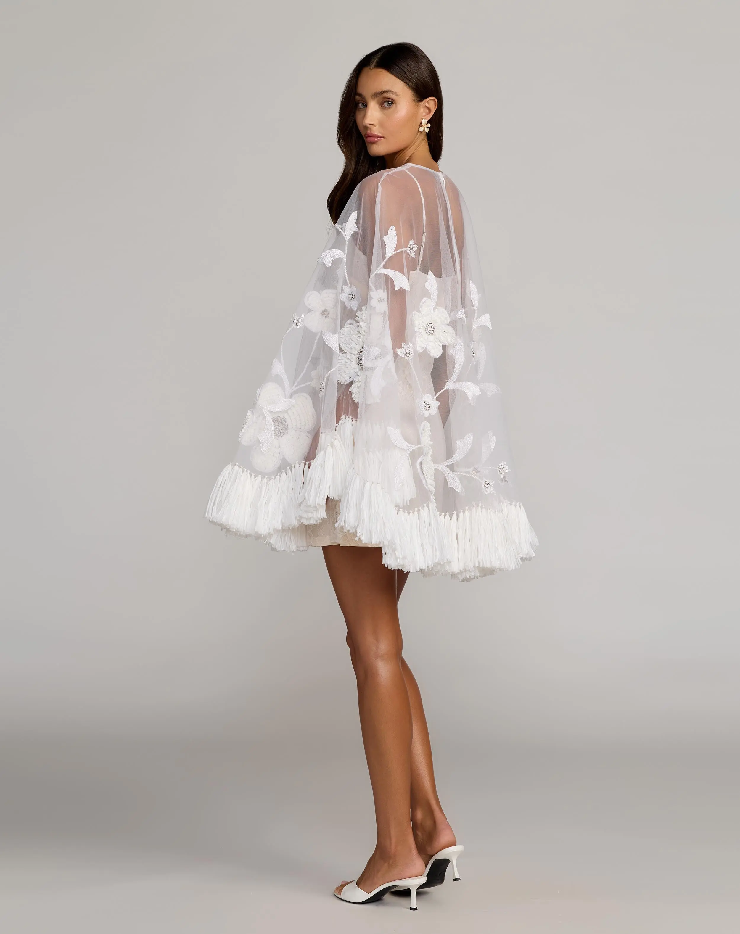 White Embellished Trapeze Mini Dress With Fringe Hem - Image 4