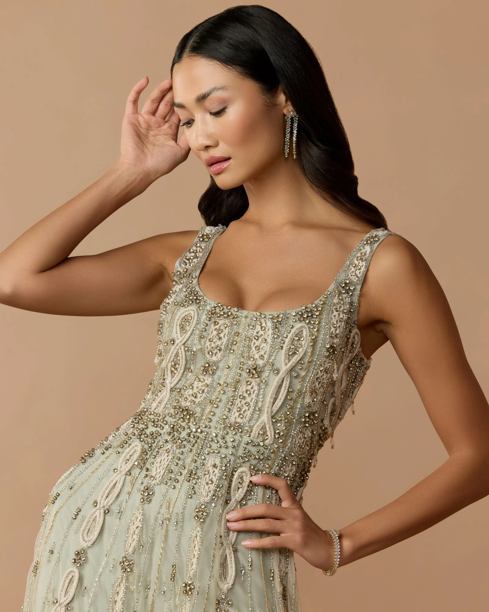 Petite Green Sleeveless Scoop Neck Embellished Midi Dress - Image 2