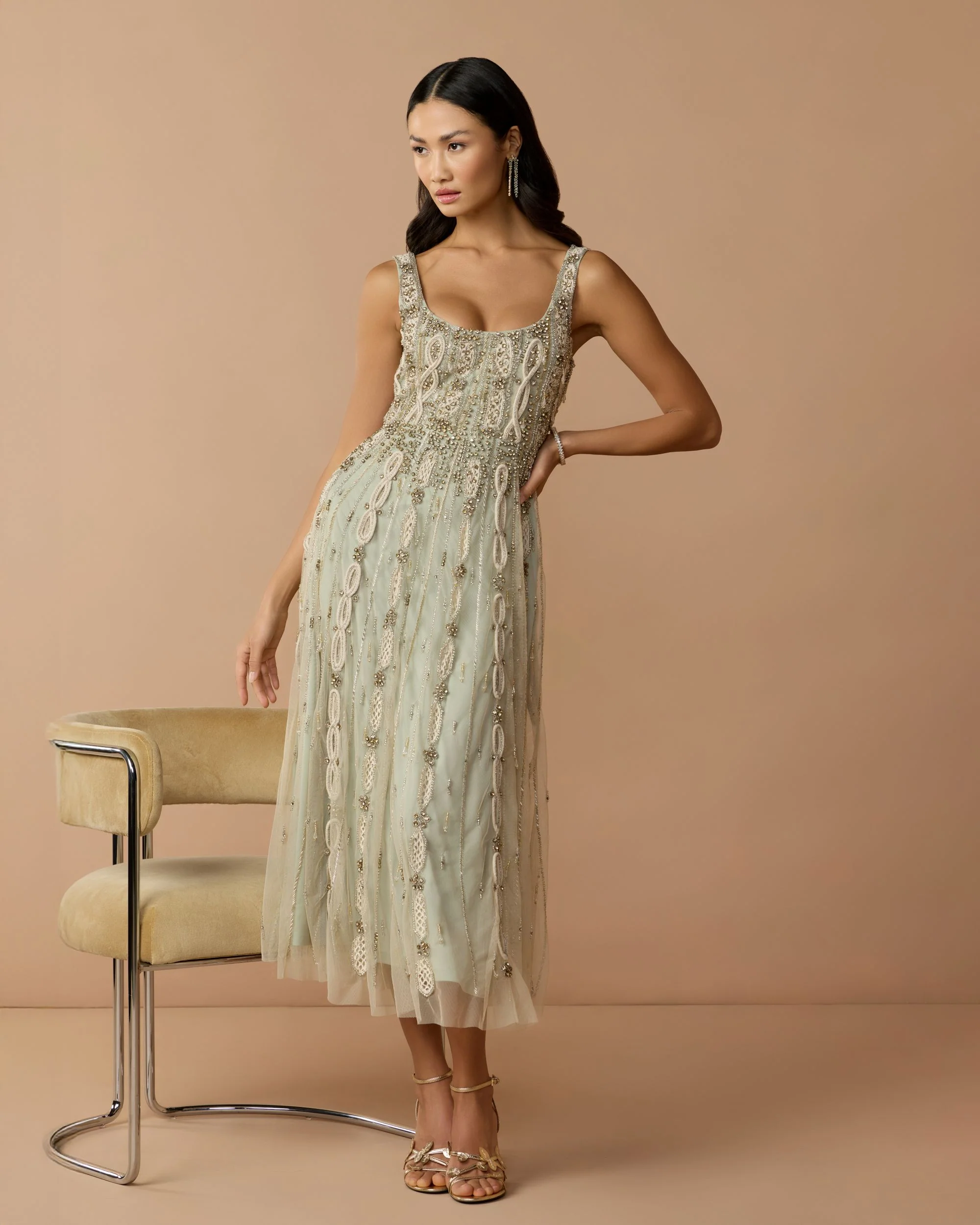 Petite Green Sleeveless Scoop Neck Embellished Midi Dress - Image 3
