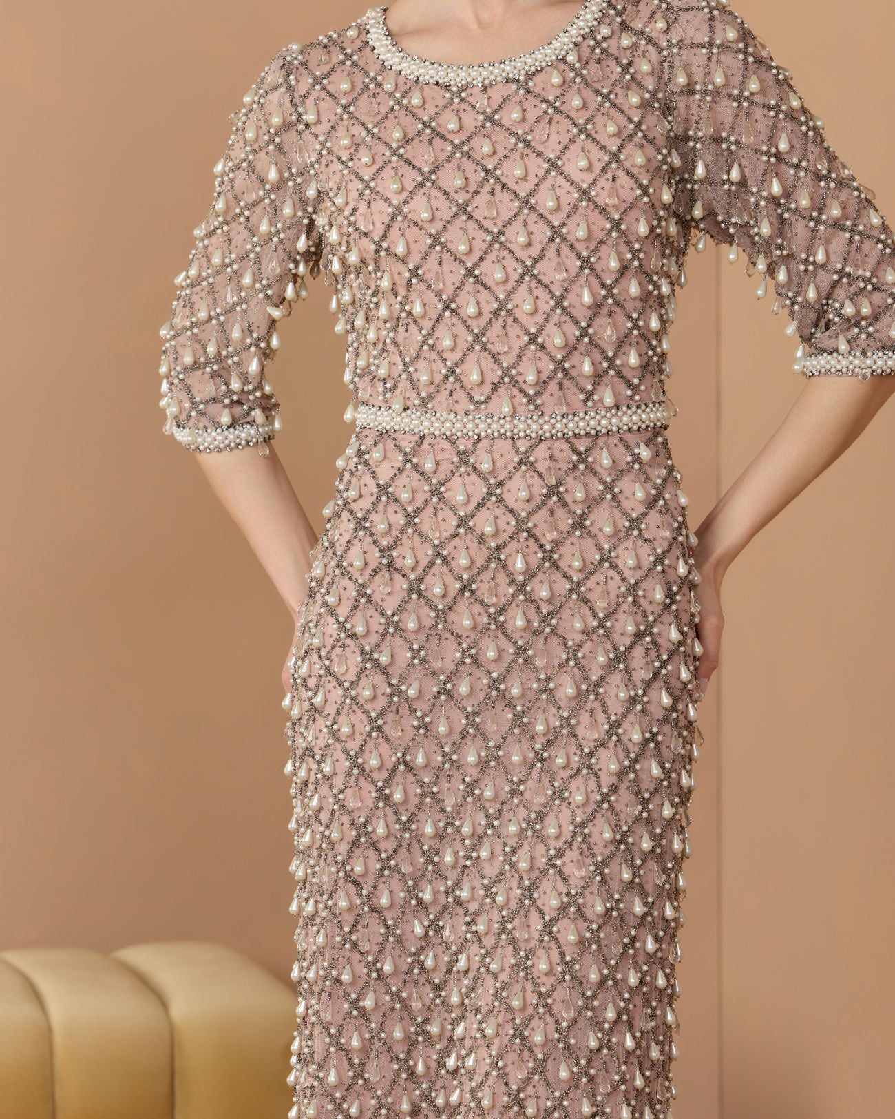 Petite Pink Pearl Embellished 3/4 Sleeve Gown - Image 3