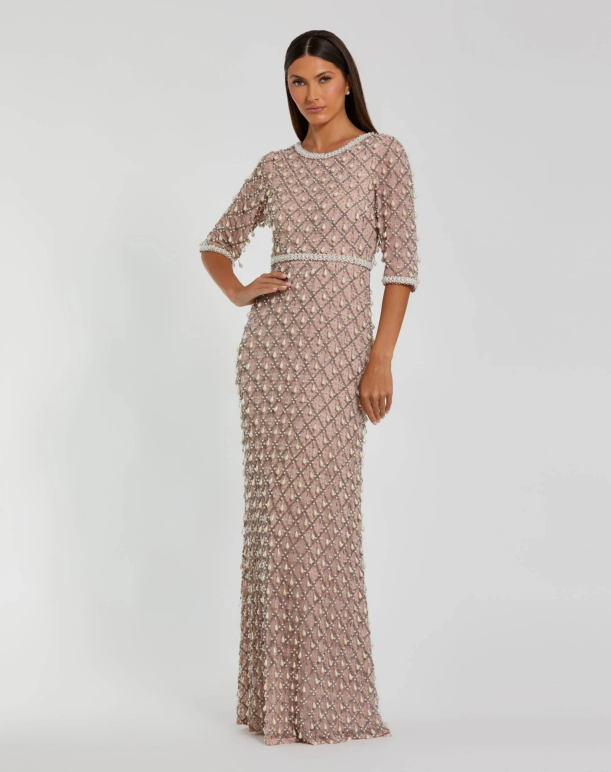 Petite Pink Pearl Embellished 3/4 Sleeve Gown - Image 4
