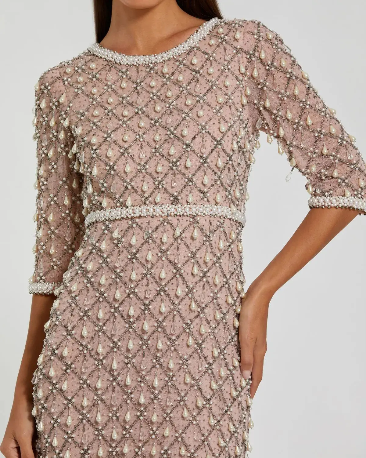 Petite Pink Pearl Embellished 3/4 Sleeve Gown - Image 5