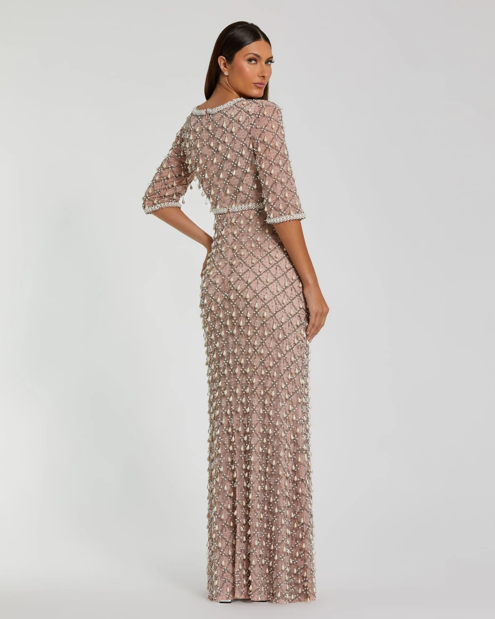 Petite Pink Pearl Embellished 3/4 Sleeve Gown - Image 6