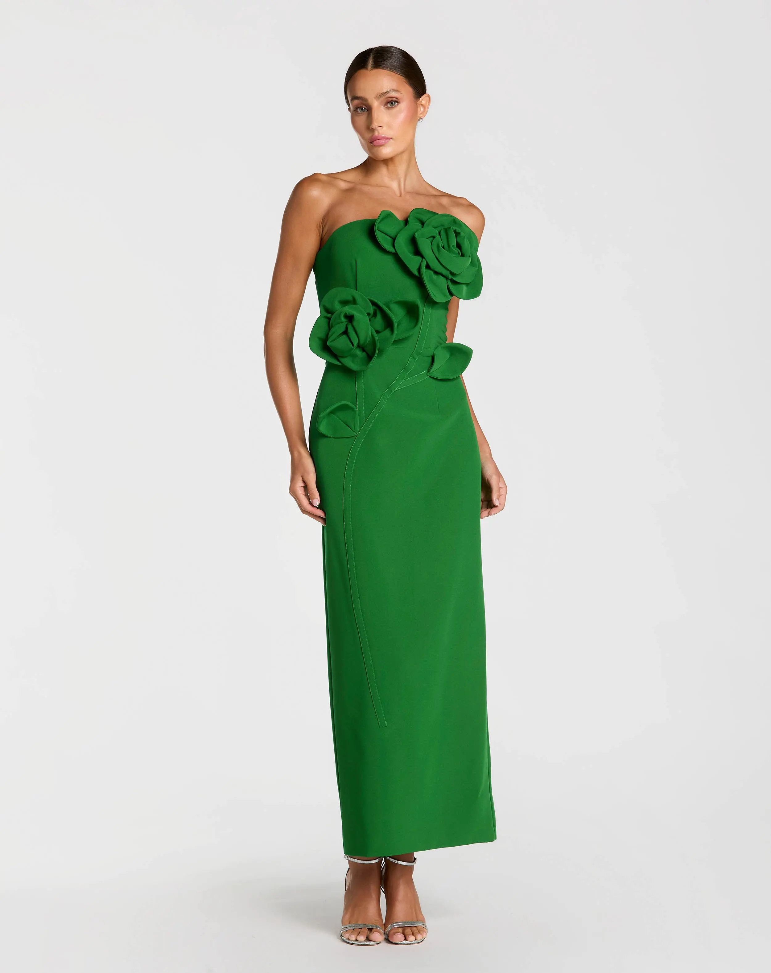 Petite Green Strapless Crepe Dress With 3D Flower Detail