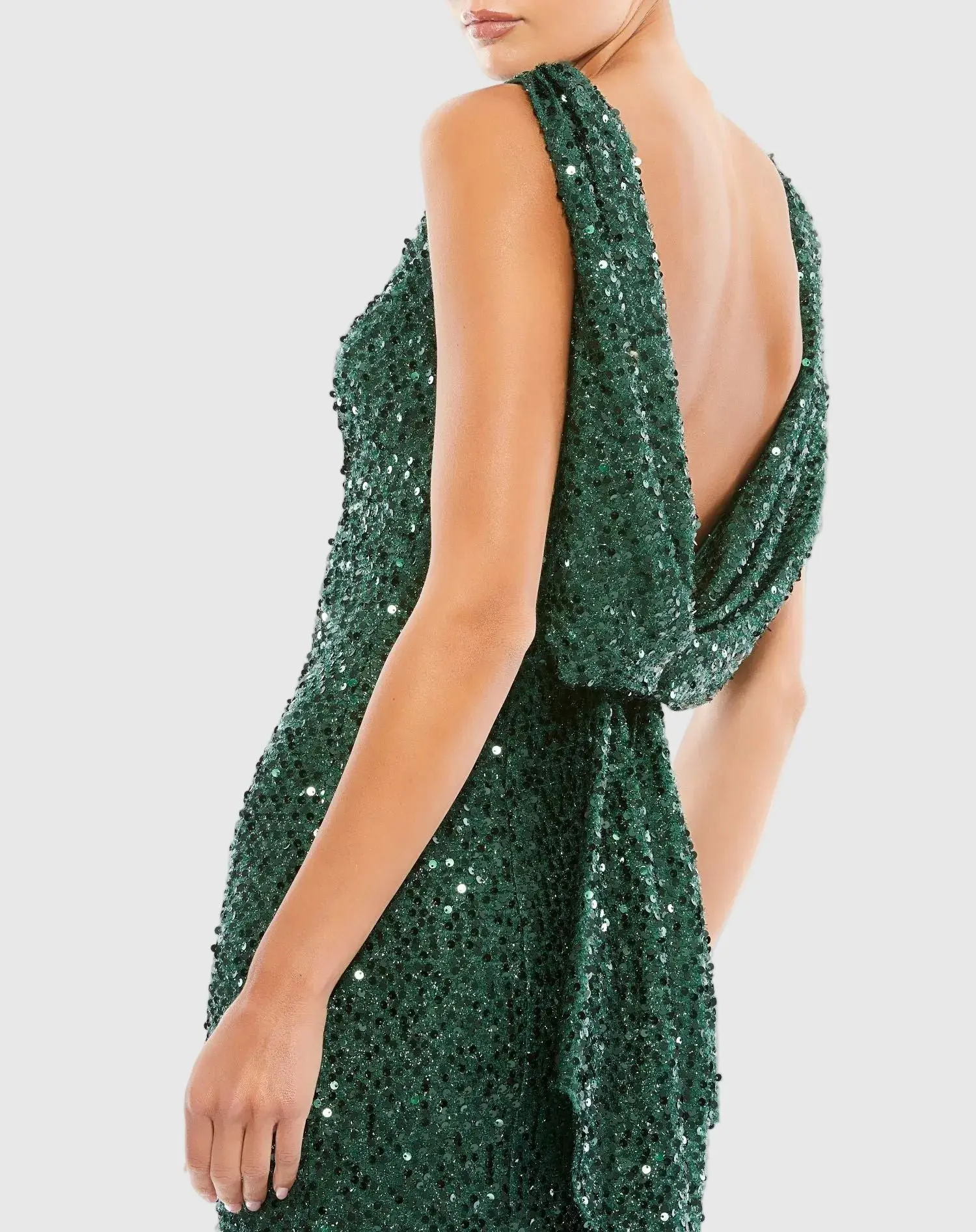 Petite Green Cowl Back Boat Neck Sequined Evening Gown - Image 2