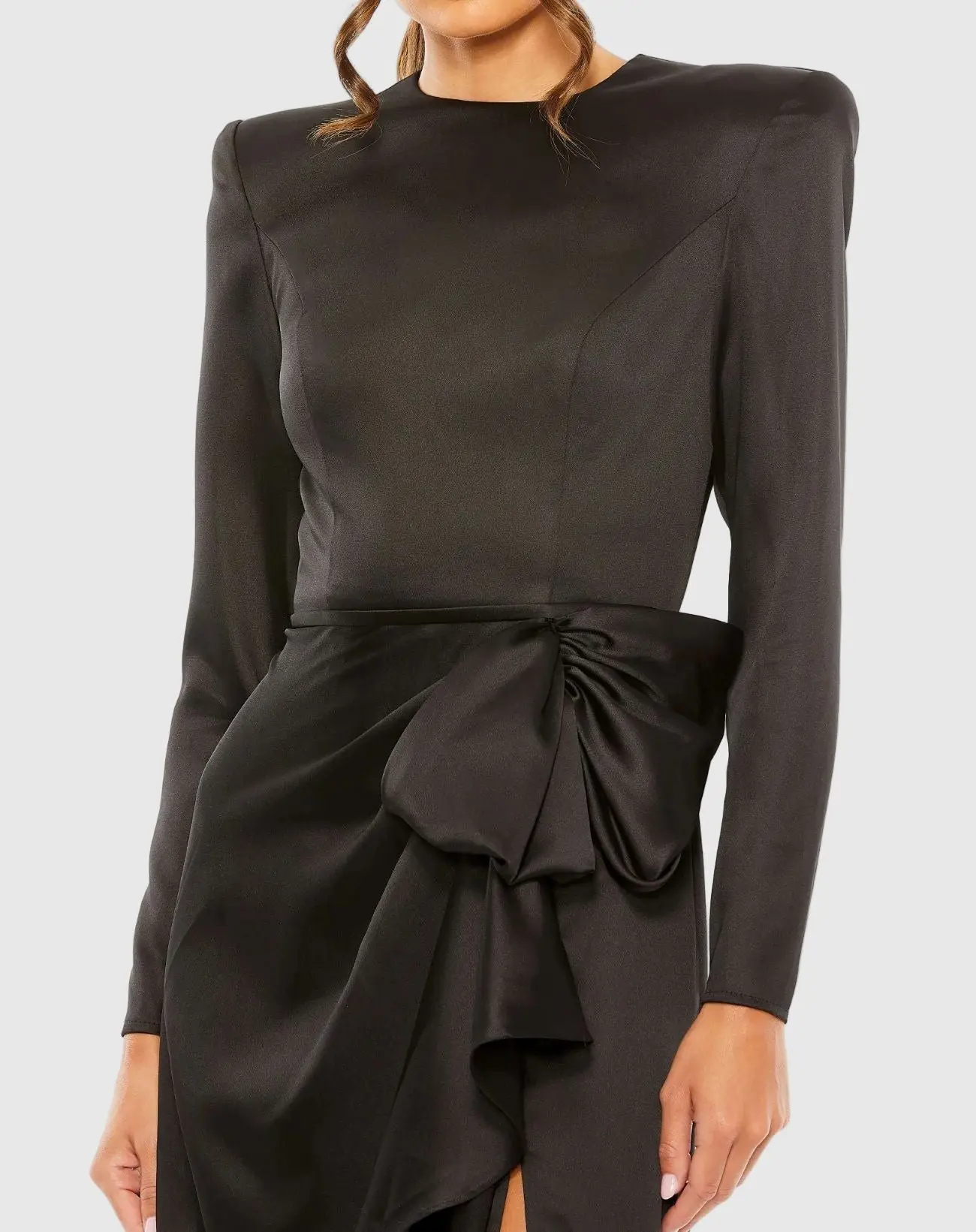 Petite Black Long Sleeve Satin Structured Bow Draped Column Gown - Image 2