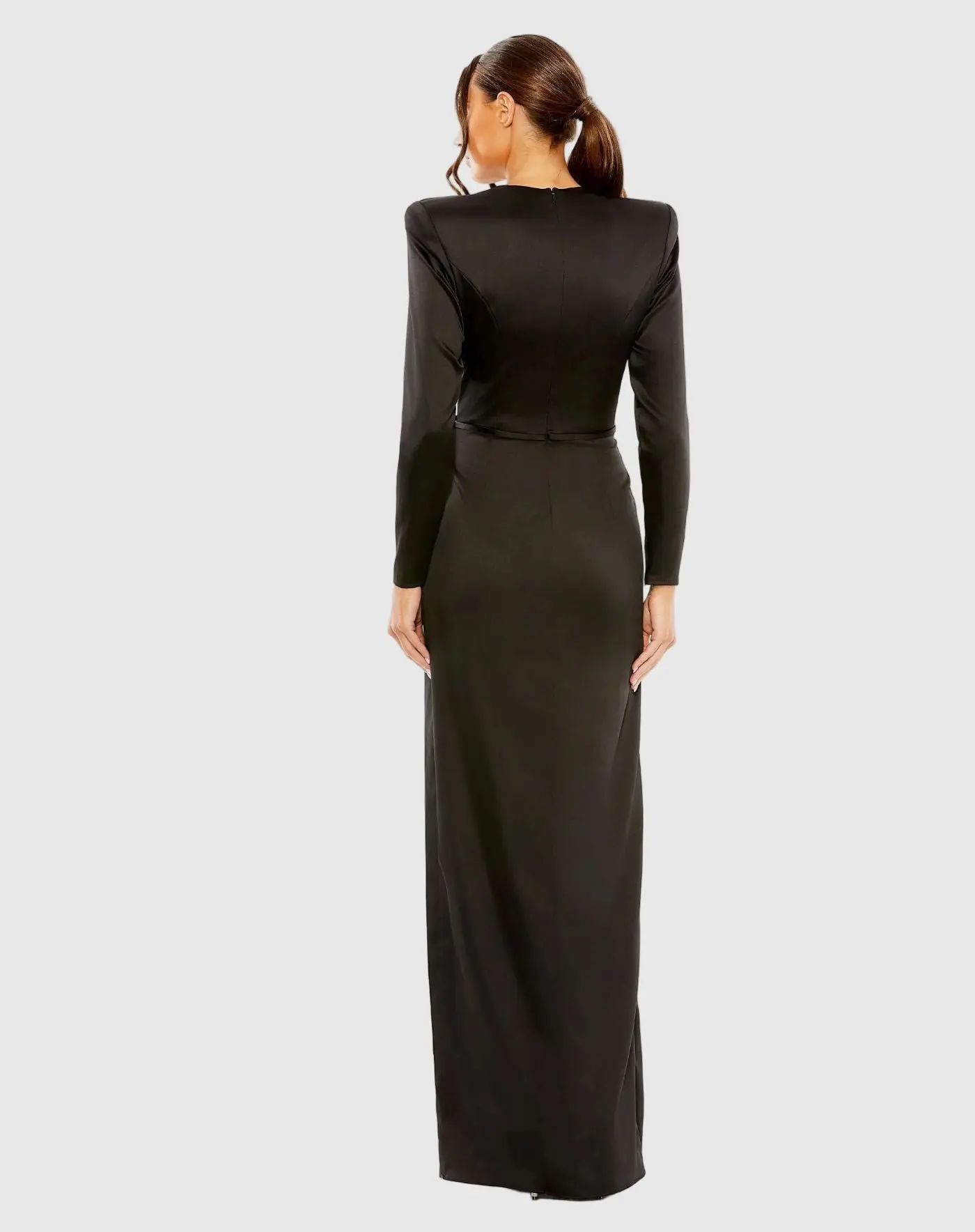 Petite Black Long Sleeve Satin Structured Bow Draped Column Gown - Image 3