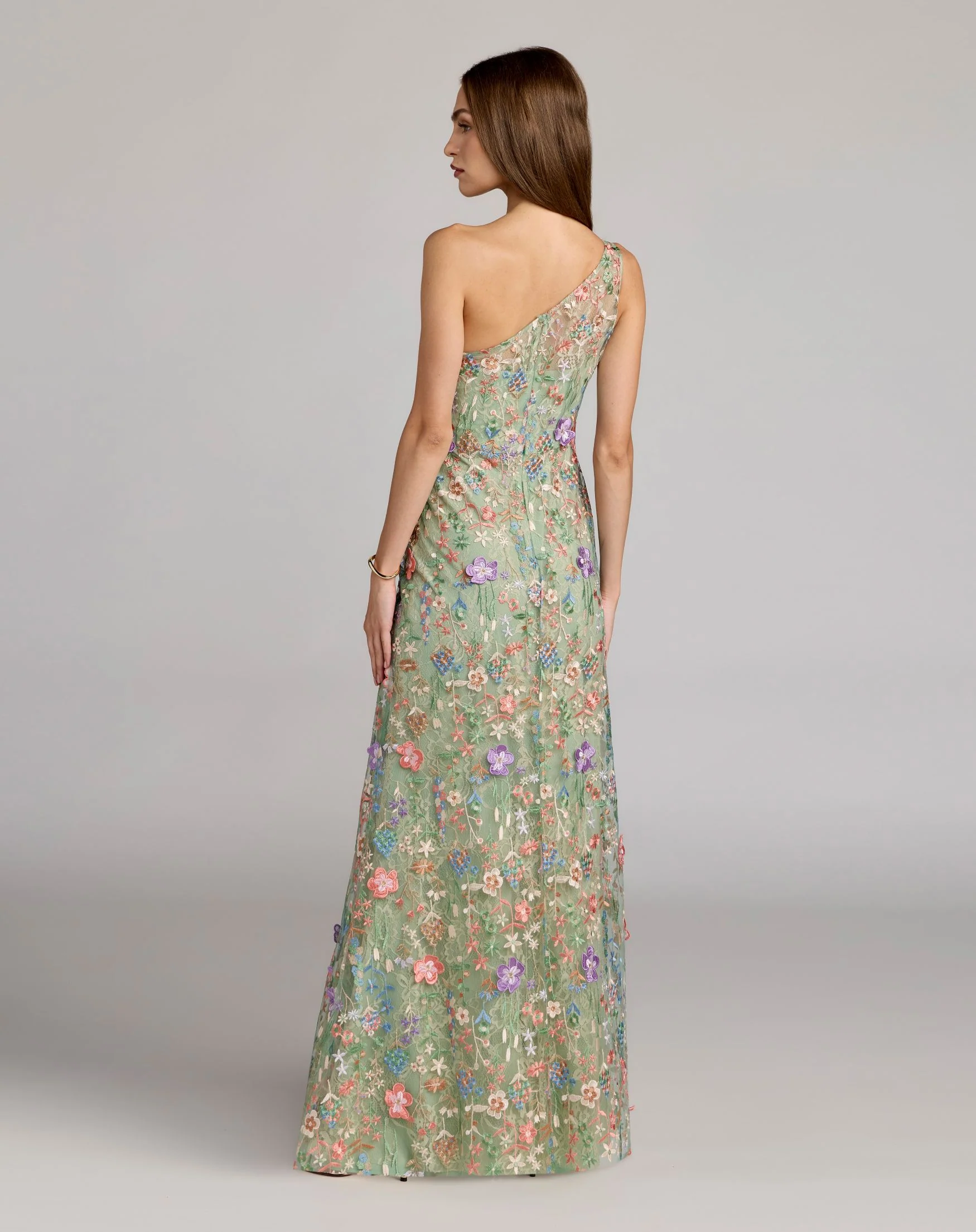 Petite Green One Shoulder Floral Embroidered Gown - Image 3